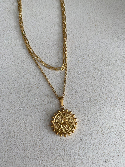 Two Layered Symbol A Coin Necklace for Her , Gold Initial A Coin Pendant Necklace, Letter A initial Coin Shape Necklace, 18K gold,