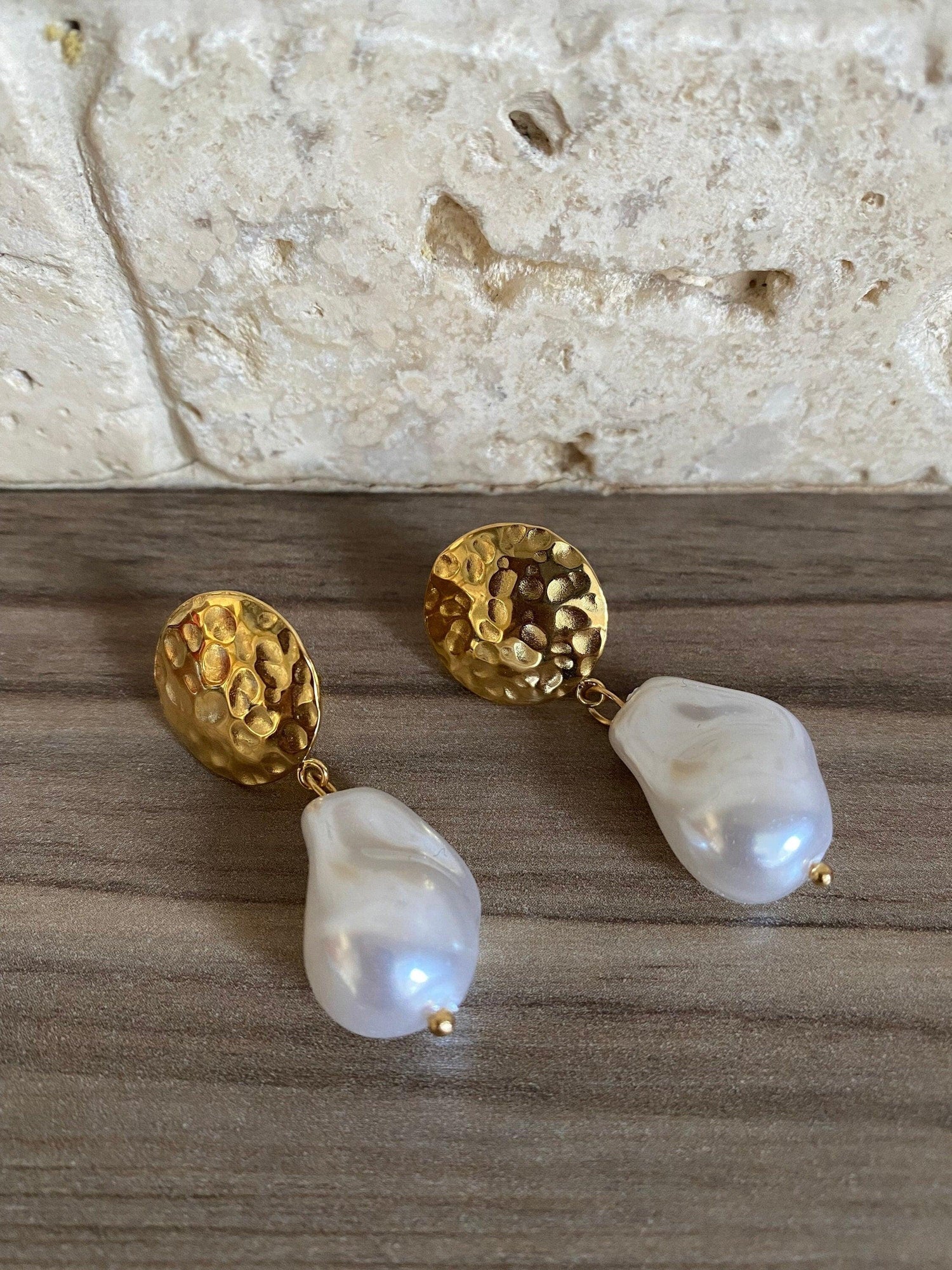 Massive Chunky Irregular Pearl Earrings, Coin Hammered Signet Pearl Earrings, Hammered Coin Shape Design Earrings for Women