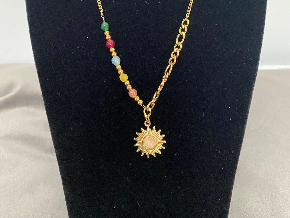 Figaro Chain Opal Stone Beads Sun Pendant Necklace, Colourful Mini Nugget Gemstone Beaded Necklace for Women, 18K Gold