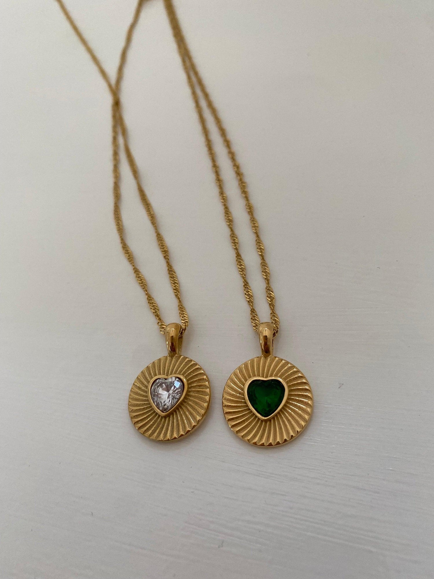 Malachite Heart Coin Pendant Necklace, 18K Gold Sparkling Zircon Charm Necklace, Delicate For Her