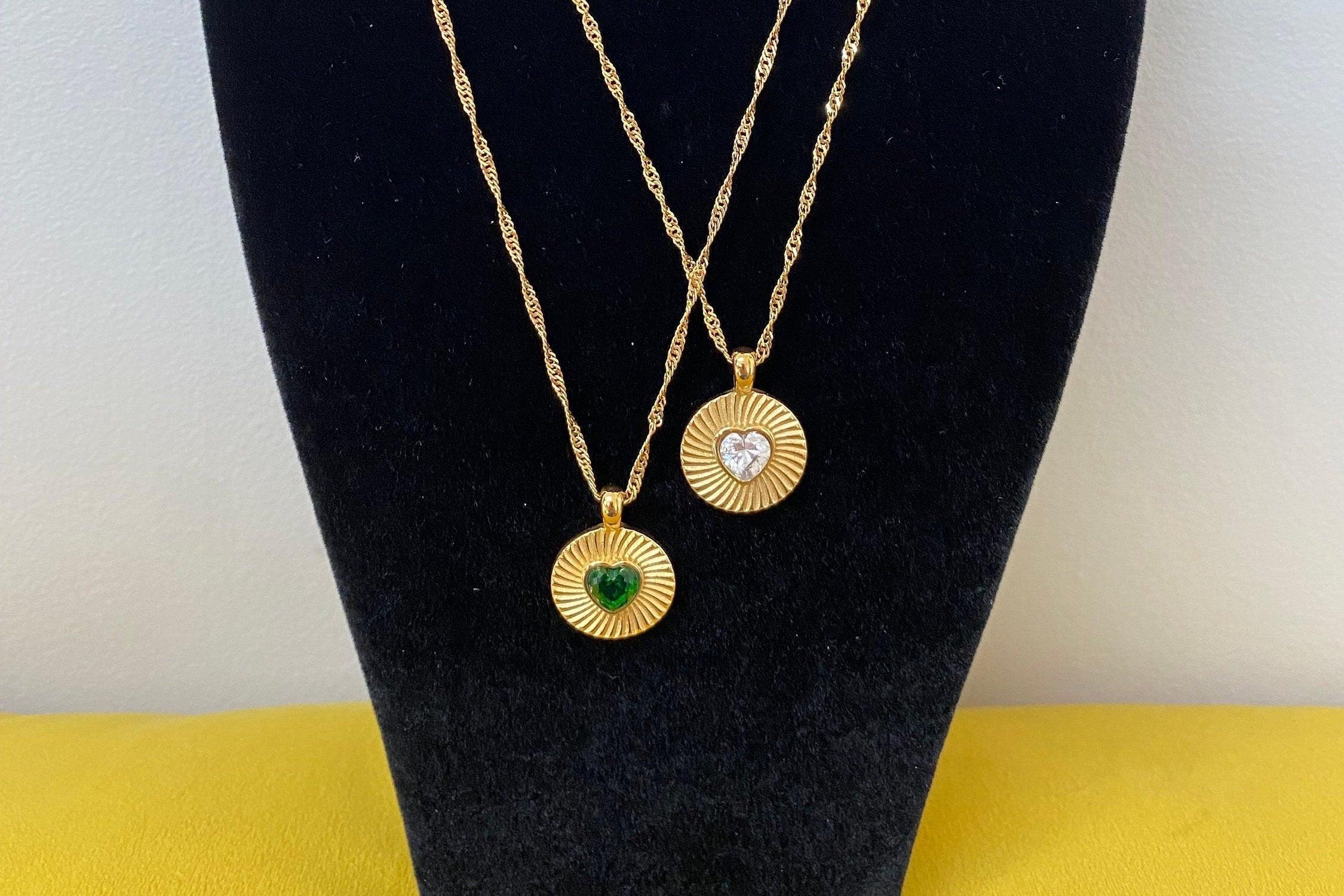 Mini Zircon Heart Coin Pendant Necklace for Her, Gold Malachite Heart Necklace, Coin Gemstone Charm Necklace, Gold Heart Pendant Necklace