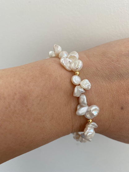 White lustrous Natural Keshi Petal Pearl Bracelet, Rainbow Glow Beautiful Keshi Petal Bracelet, Cornflakes Pearl Bracelet, Fit small Wrist