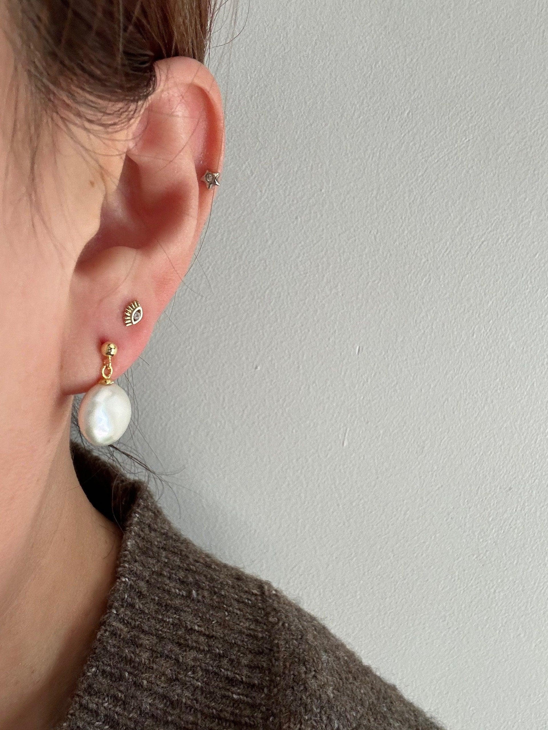 10-12mm Natural Cultured Baroque Charm Earrings, Coin Pendant Pearl Stud Earrings for Her,  14K Gold Solid 925 sterling silver Drop Earrings