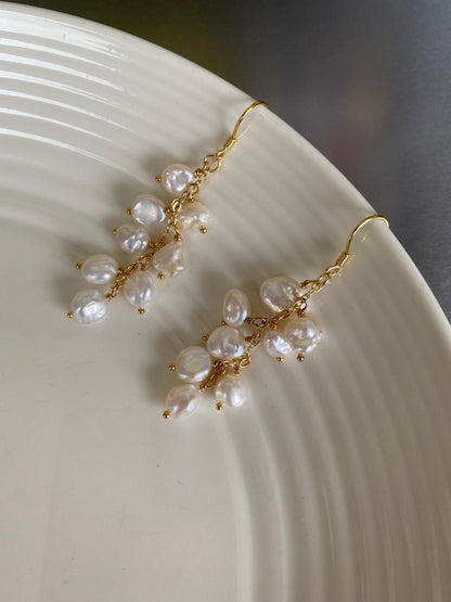 High Luster Keshi Pearl Tassel Earrings, Genuine Cornflakes Pearl Drop Earrings, Delicate for Her, Keshi Pearl Hoop Earrings 18K Gold Solid.
