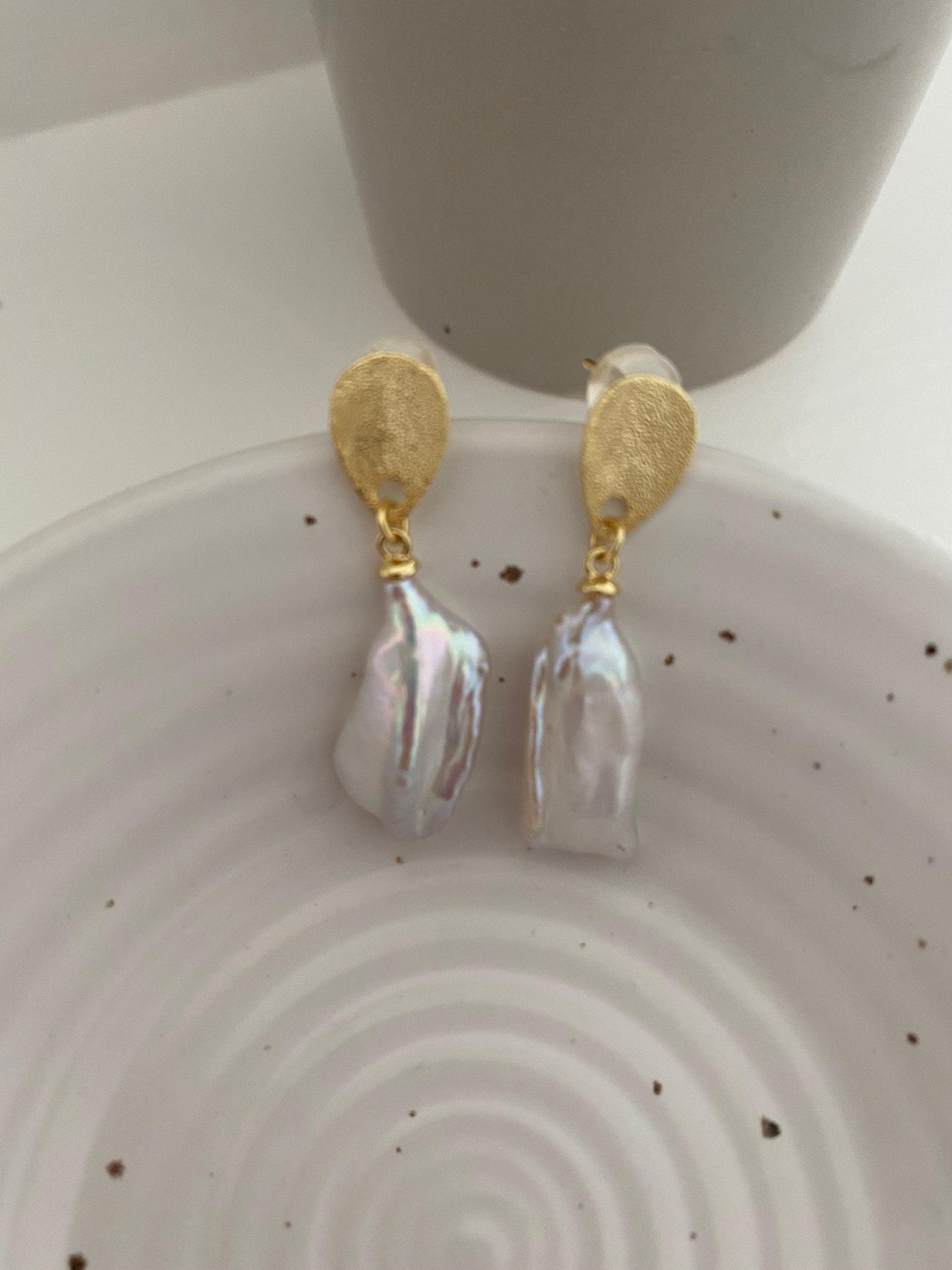 Keshi Biwa Pearl Drop Earrings For Her, Long Baroque Pearl Earrings, 14K Gold Biwa Pearl Earrings, Keshi Baroque Earrings, Gift for Her