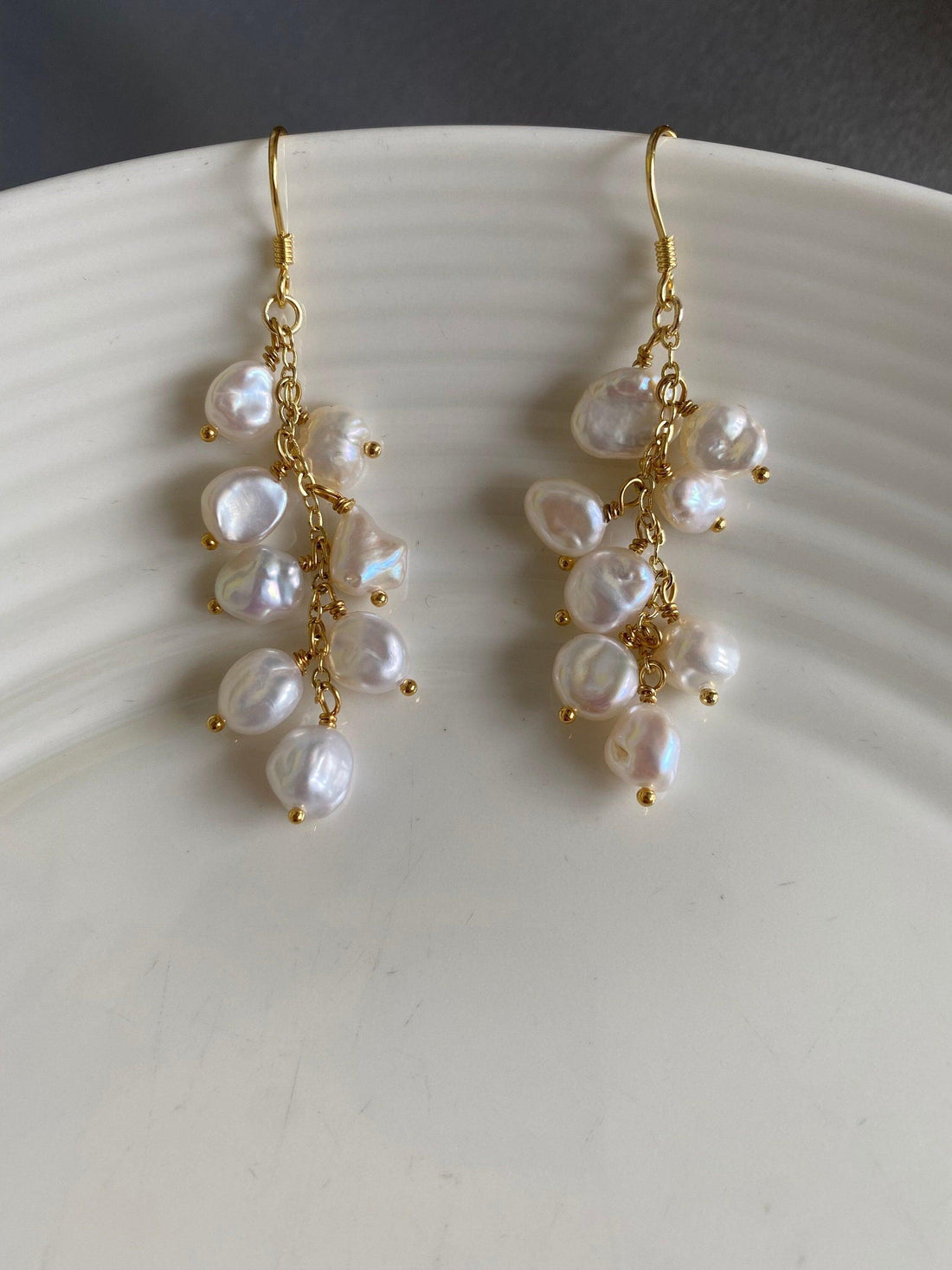 High Luster Keshi Pearl Long Tassel Hoop Earring, Genuine Freshwater Pearl Cornflakes Pearl Drop Earring, Delicate for Her, 18K Gold Solid.