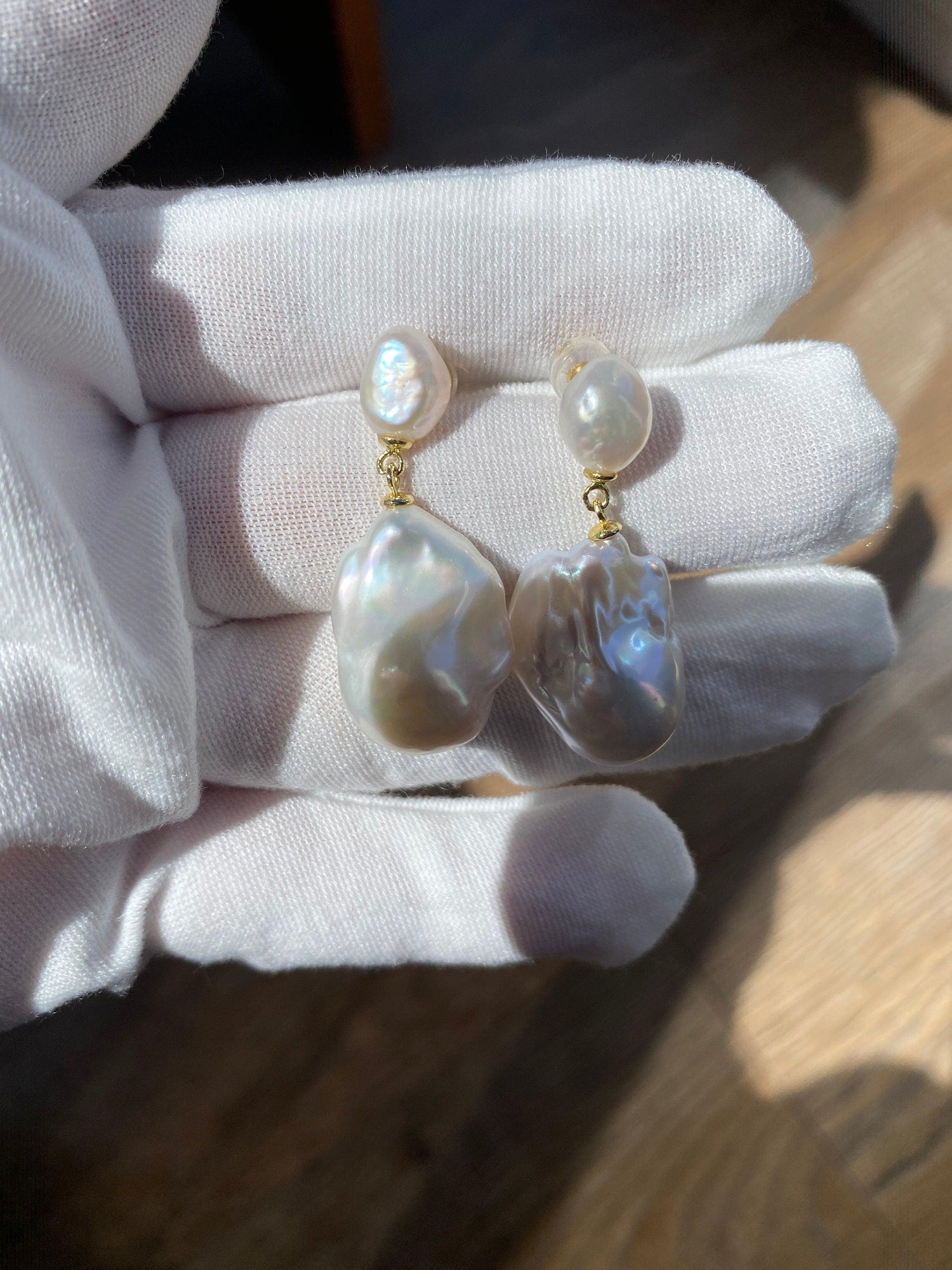 14k Gold Cultured Fireball Pearl Earrings, Large Baroque Pearl Drop Earrings, Classic Silhouette White Pearl Jewellery for Her