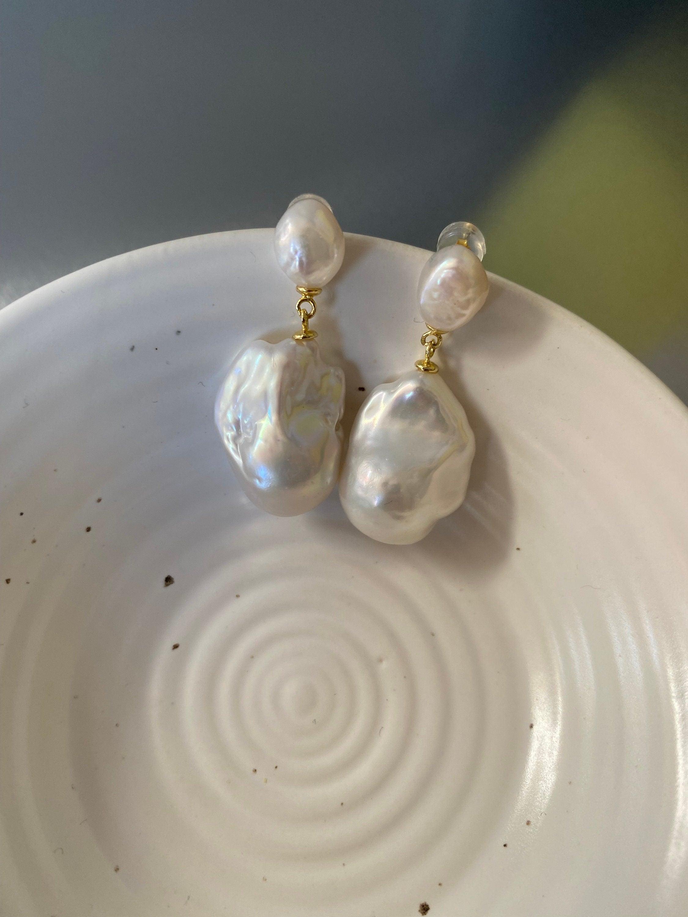 14k Gold Cultured Fireball Pearl Earrings, Large Baroque Pearl Drop Earrings, Classic Silhouette White Pearl Jewellery for Her