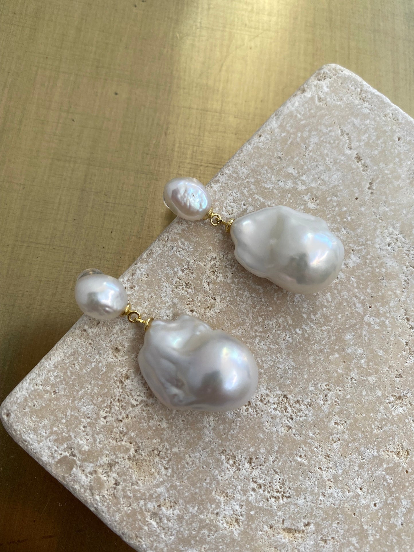 14k Gold Cultured Fireball Pearl Earrings, Large Baroque Pearl Drop Earrings, Classic Silhouette White Pearl Jewellery for Her