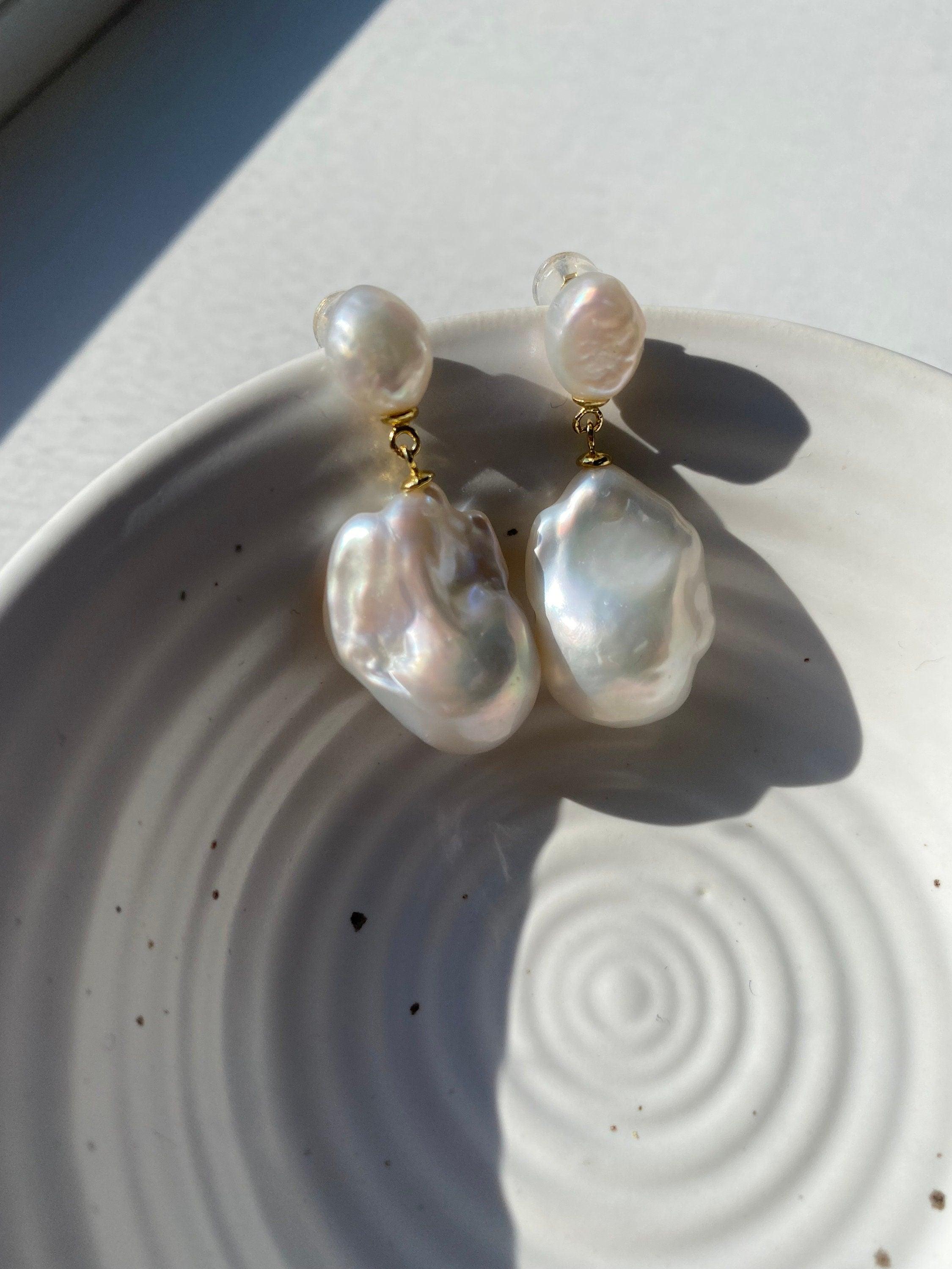 14k Gold Cultured Fireball Pearl Earrings, Large Baroque Pearl Drop Earrings, Classic Silhouette White Pearl Jewellery for Her