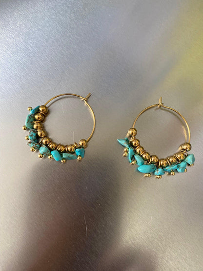 Large Turquoise Hoop Earrings, Lucky Stone Drop Earrings for Woman, Lightweight Colourful Gemstone Turquoise Earrings, Perfect for Summer