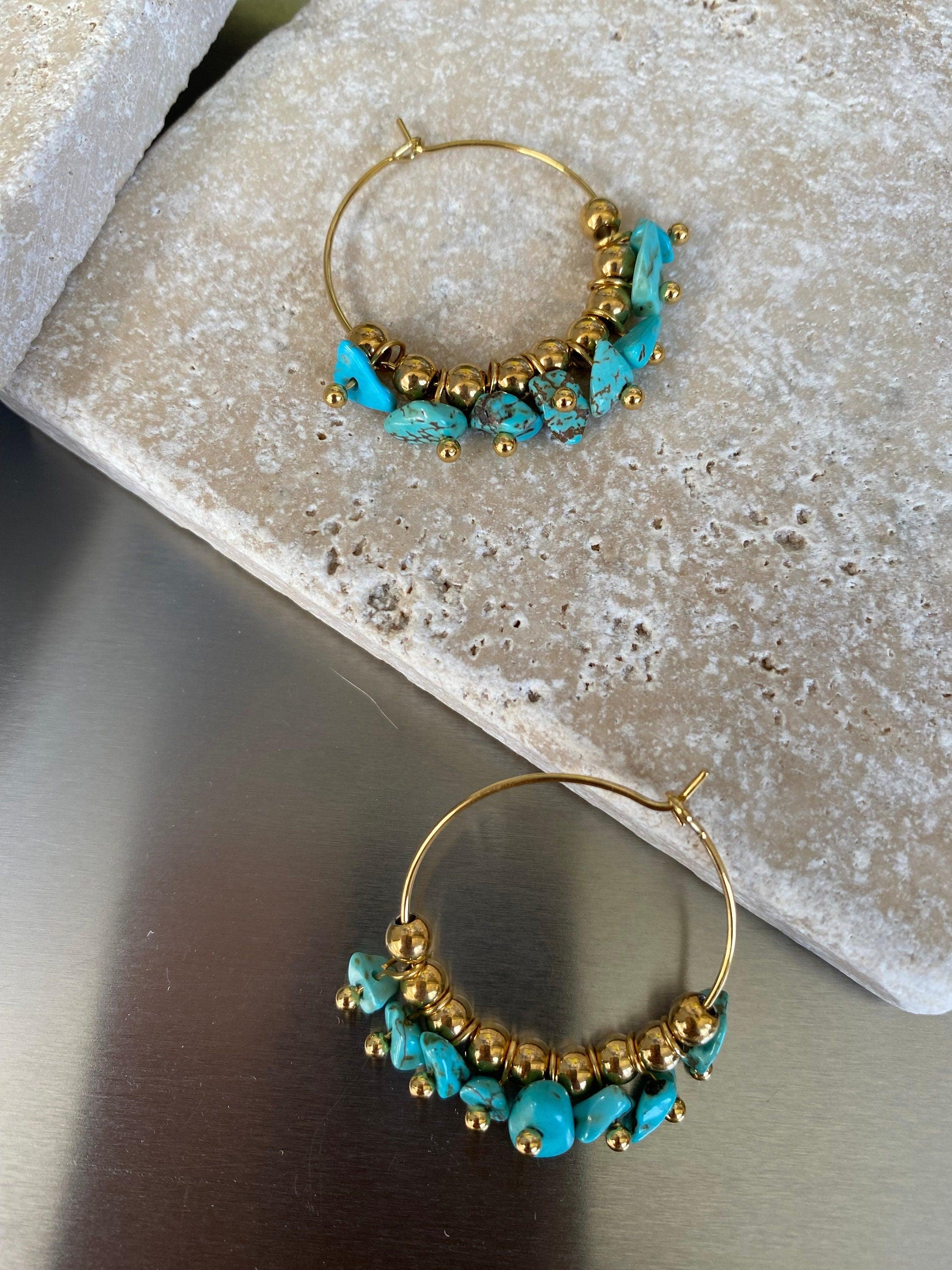 Large Turquoise Hoop Earrings, Lucky Stone Drop Earrings for Woman, Lightweight Colourful Gemstone Turquoise Earrings, Perfect for Summer