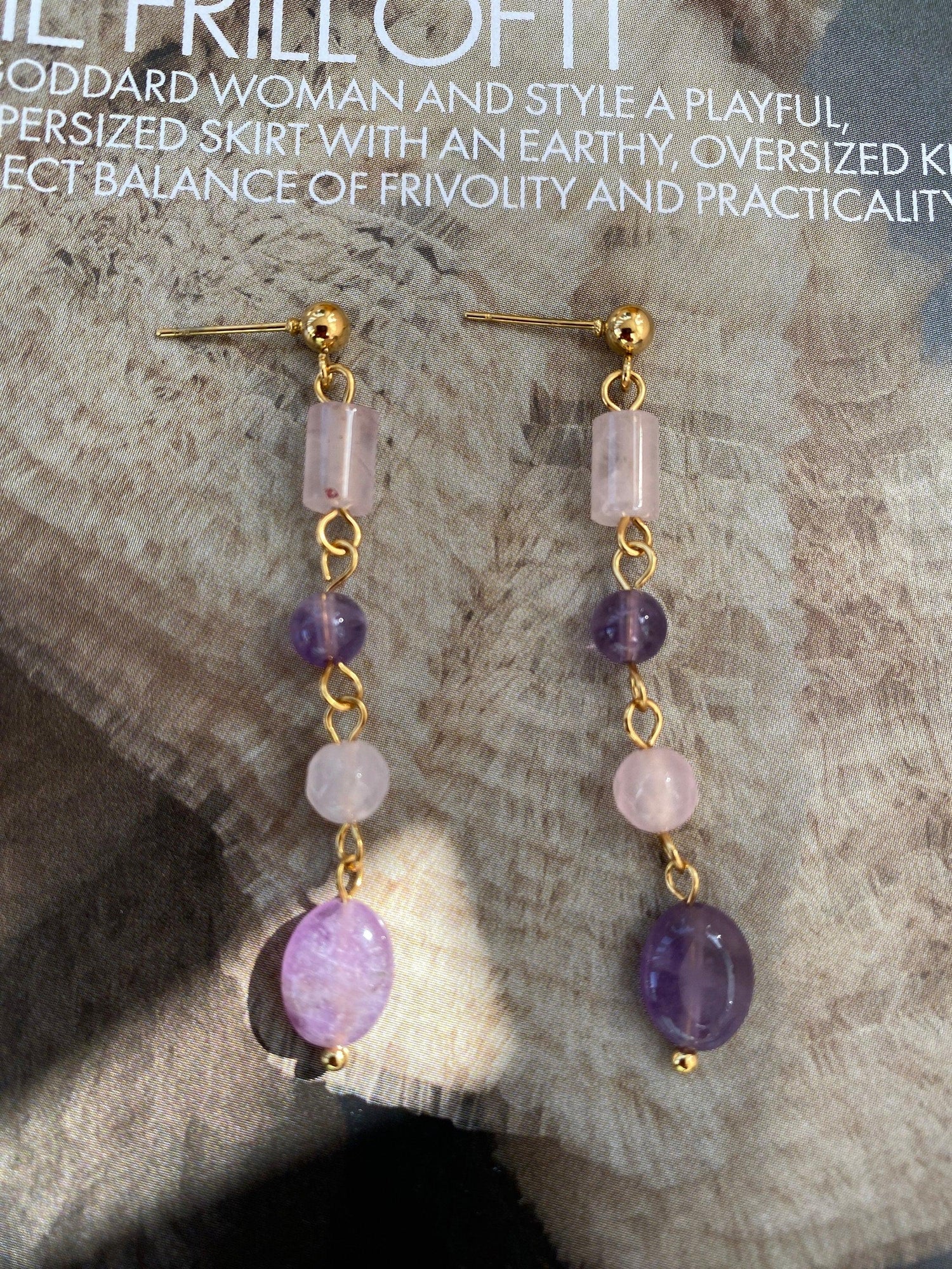 Tassel Purple Amethyst Rose Quartz Drop Earrings, Natural Stone Stainless Steel Earrings for Her, Popular Stone Purple Teardrop Earrings