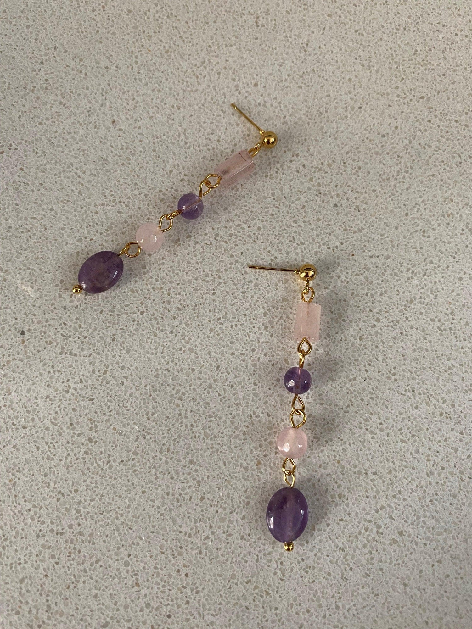 Tassel Purple Amethyst Rose Quartz Drop Earrings, Natural Stone Stainless Steel Earrings for Her, Popular Stone Purple Teardrop Earrings