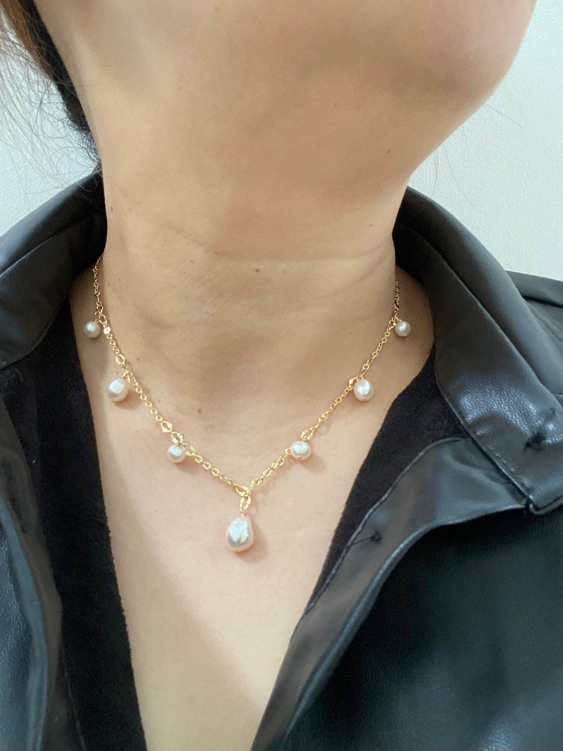 Gold Filled Multiple Drop Pearl Necklace, Dainty Layering Freshwater Pearl Choker for Her, Unique Irregular Pearl Mix Necklace