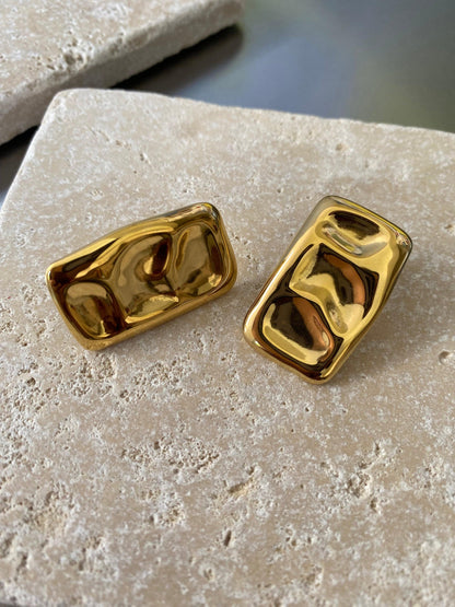 Strong Thick Hammered Rectangular Shape Stud Earrings, Shine Irregular Chunky Stud, , Ancient Greek Style Statement Earrings, 18K Gold