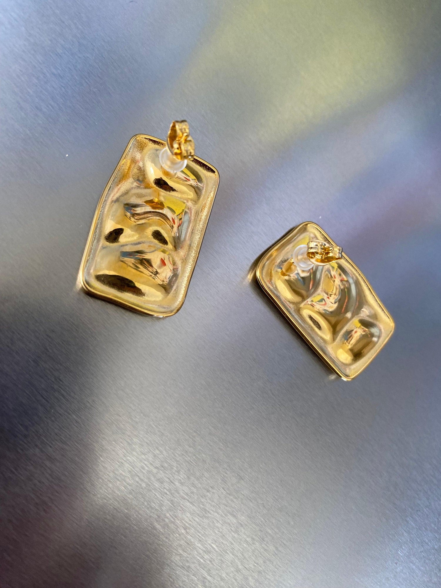 Strong Thick Hammered Rectangular Shape Stud Earrings, Shine Irregular Chunky Stud, , Ancient Greek Style Statement Earrings, 18K Gold