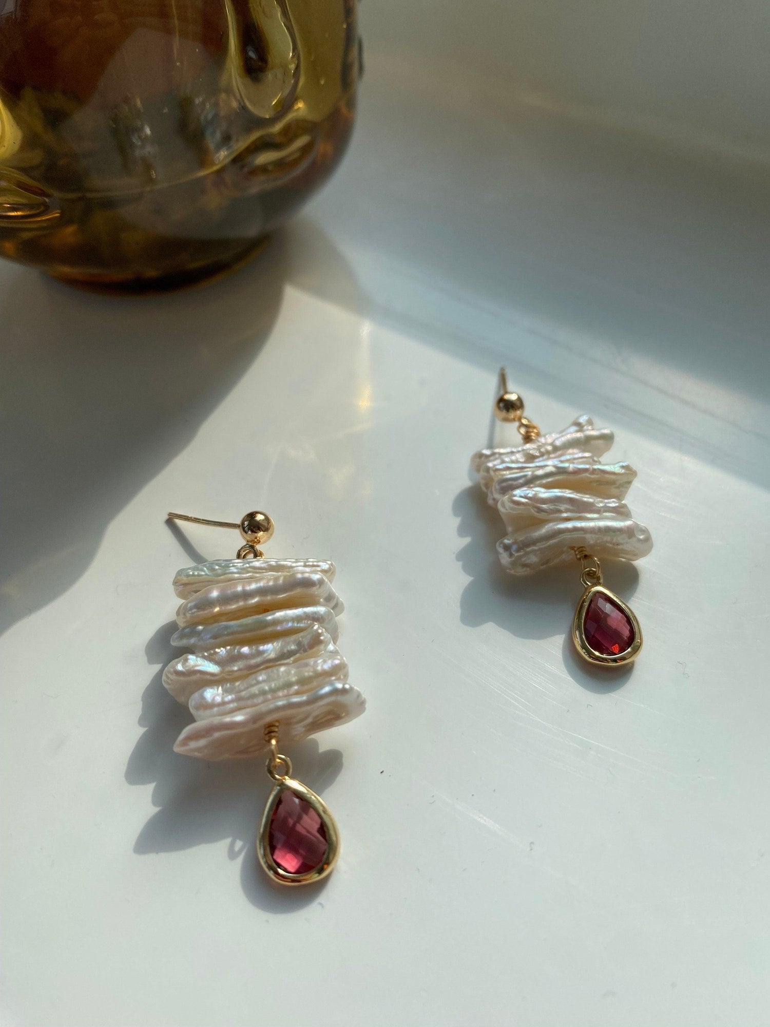 White Biwa Pearl Earrings,Rainbow Glow Tassel Freshwater Pearl Earrings, Long Baroque Bead Earrings,18K Gold Purple or Red Colours Gemstone