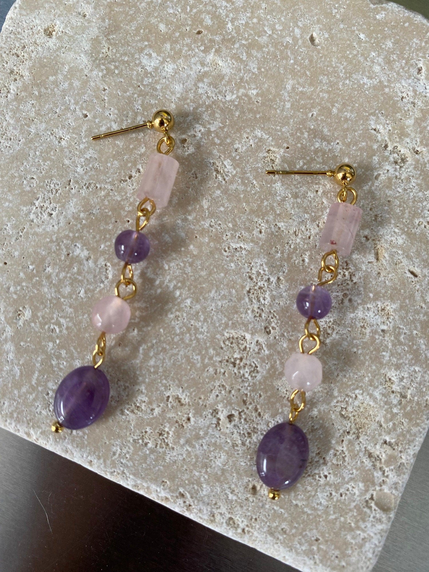 Tassel Purple Amethyst Rose Quartz Drop Earrings, Natural Stone Stainless Steel Earrings for Her, Popular Stone Purple Teardrop Earrings