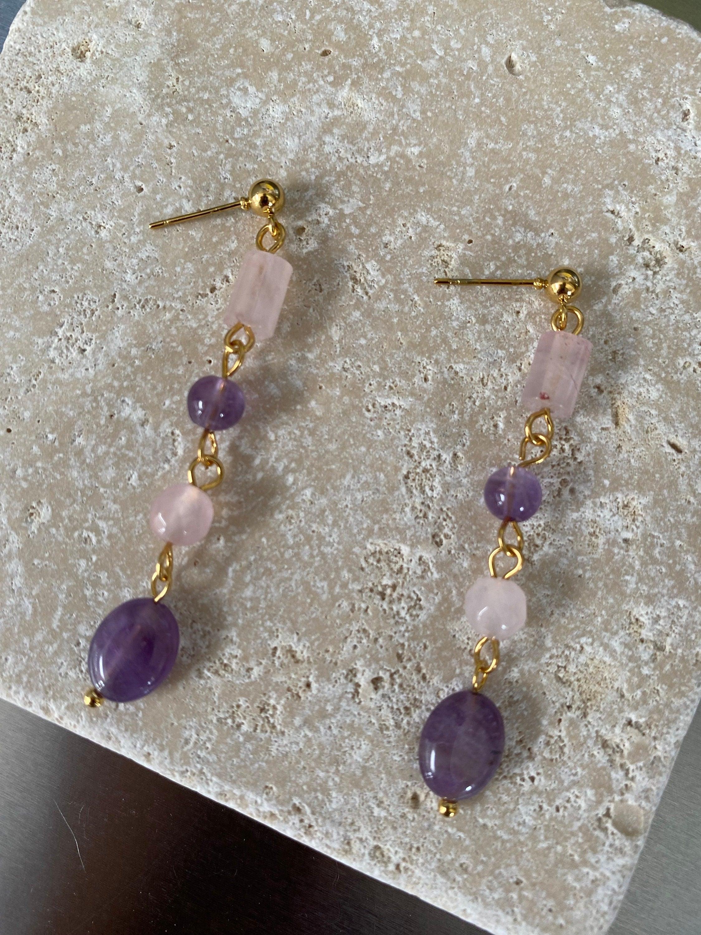 Tassel Purple Amethyst Rose Quartz Drop Earrings, Natural Stone Stainless Steel Earrings for Her, Popular Stone Purple Teardrop Earrings