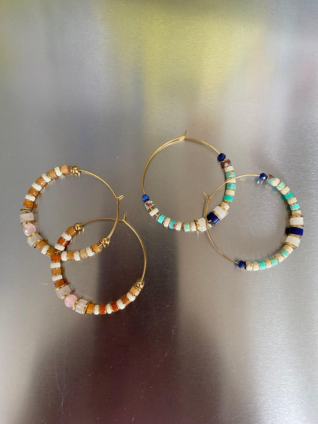 18k Gold Hoop Earrings with Pink Rose Quartz and Turquoise Gemstones for Her