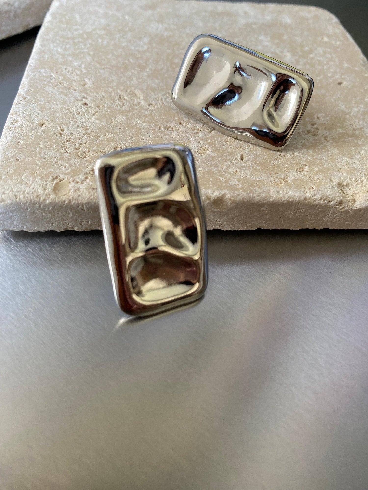 Strong Thick Hammered Rectangular Shape Stud Earrings, Shine Irregular Chunky Stud, , Ancient Greek Style Statement Earrings, 18K Gold