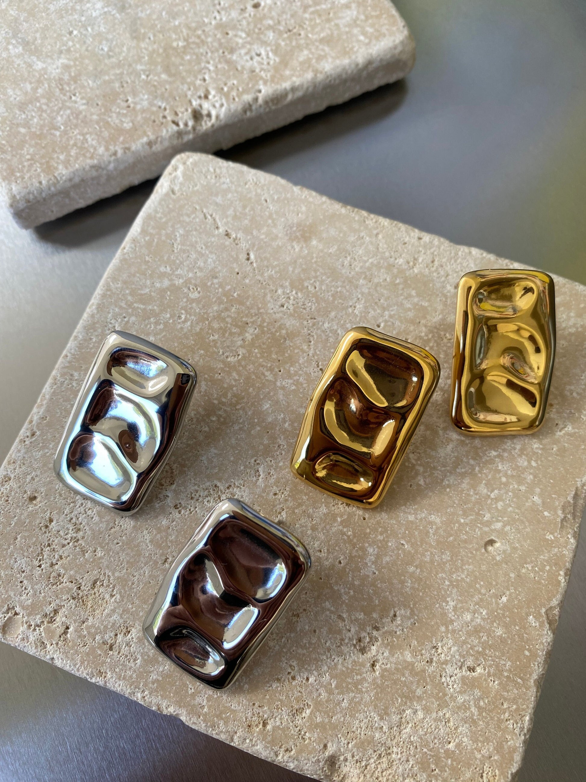 Strong Thick Hammered Rectangular Shape Stud Earrings, Shine Irregular Chunky Stud, , Ancient Greek Style Statement Earrings, 18K Gold