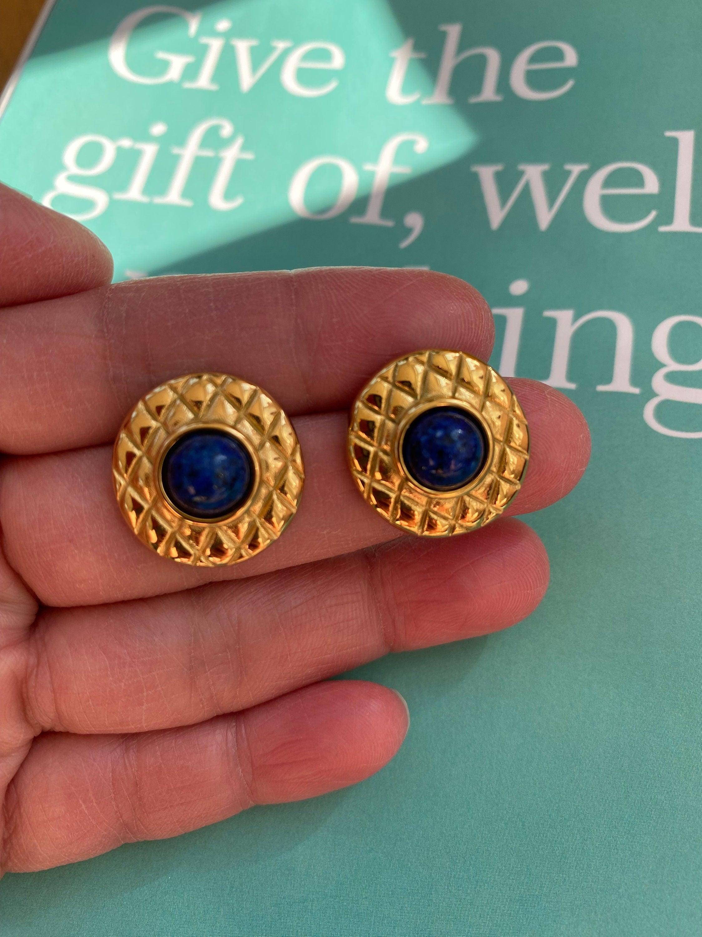 Blue Lapis Lazuli Stud Earrings, Ridge Lapis lazuli Earring, 18K Gold Lapis Lazuli Round Stud Earrings