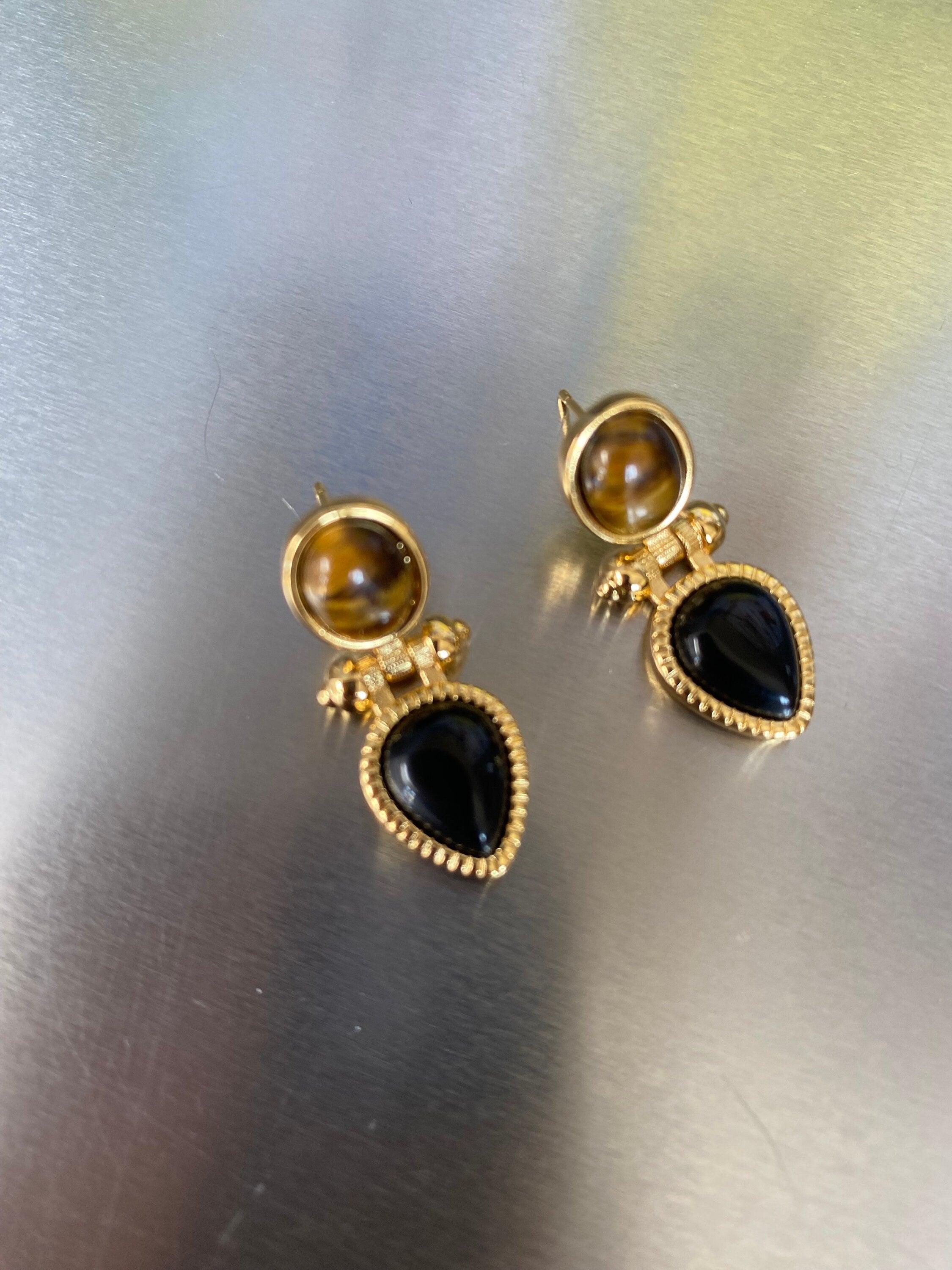 18K Gold Tiger Eye Teardrop Resin Stud Earrings, Gold Chunky Screw Teardrop Resin Earrings for Her, Chunky Black Teardrop Resin Earrings