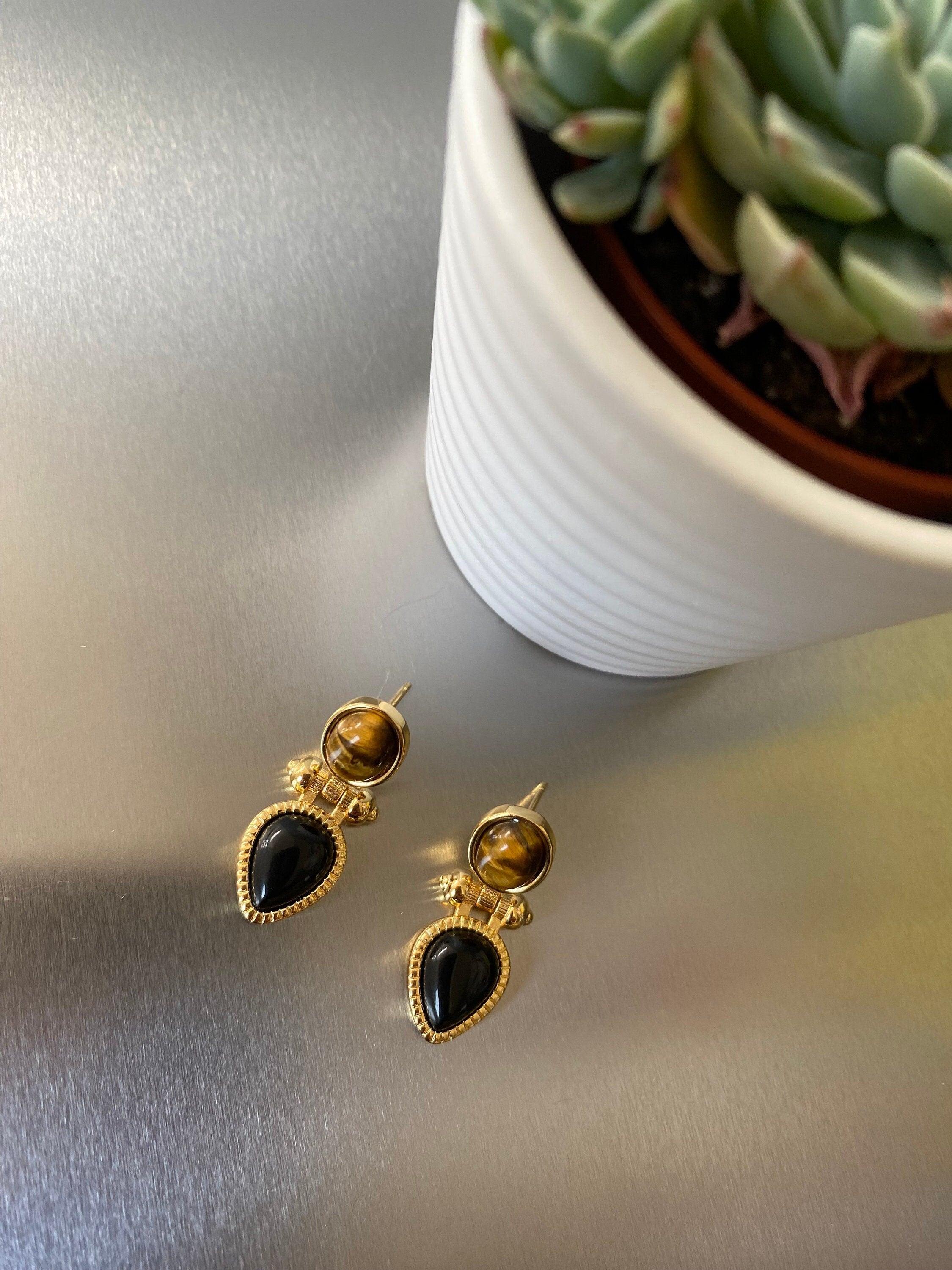 18K Gold Tiger Eye Teardrop Resin Stud Earrings, Gold Chunky Screw Teardrop Resin Earrings for Her, Chunky Black Teardrop Resin Earrings