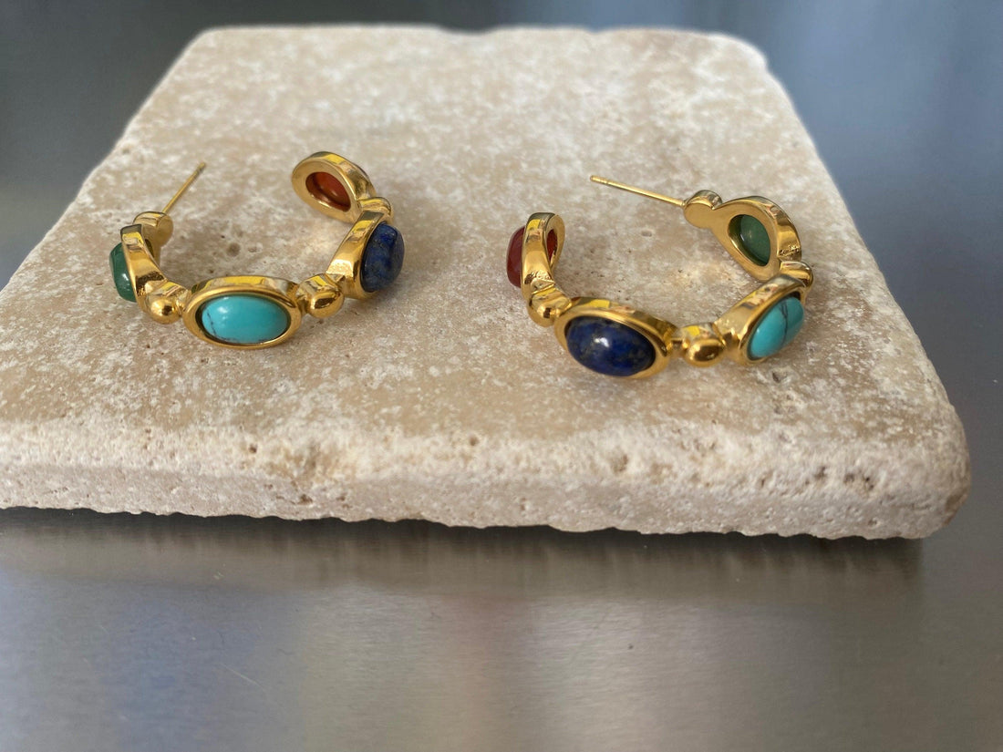 Colourful Lapis Stone Hoop Earring, Natural Lapis Stone Earring for Women, Vintage Look Style Earring, Fun and Beautiful, Perfect for Summer