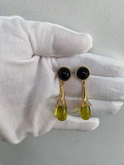 Sleek Black Agate Earrings, Yellow Resin Flower Earrings, Natural Stone Summer Jewellery, Perfect for Summer Wear