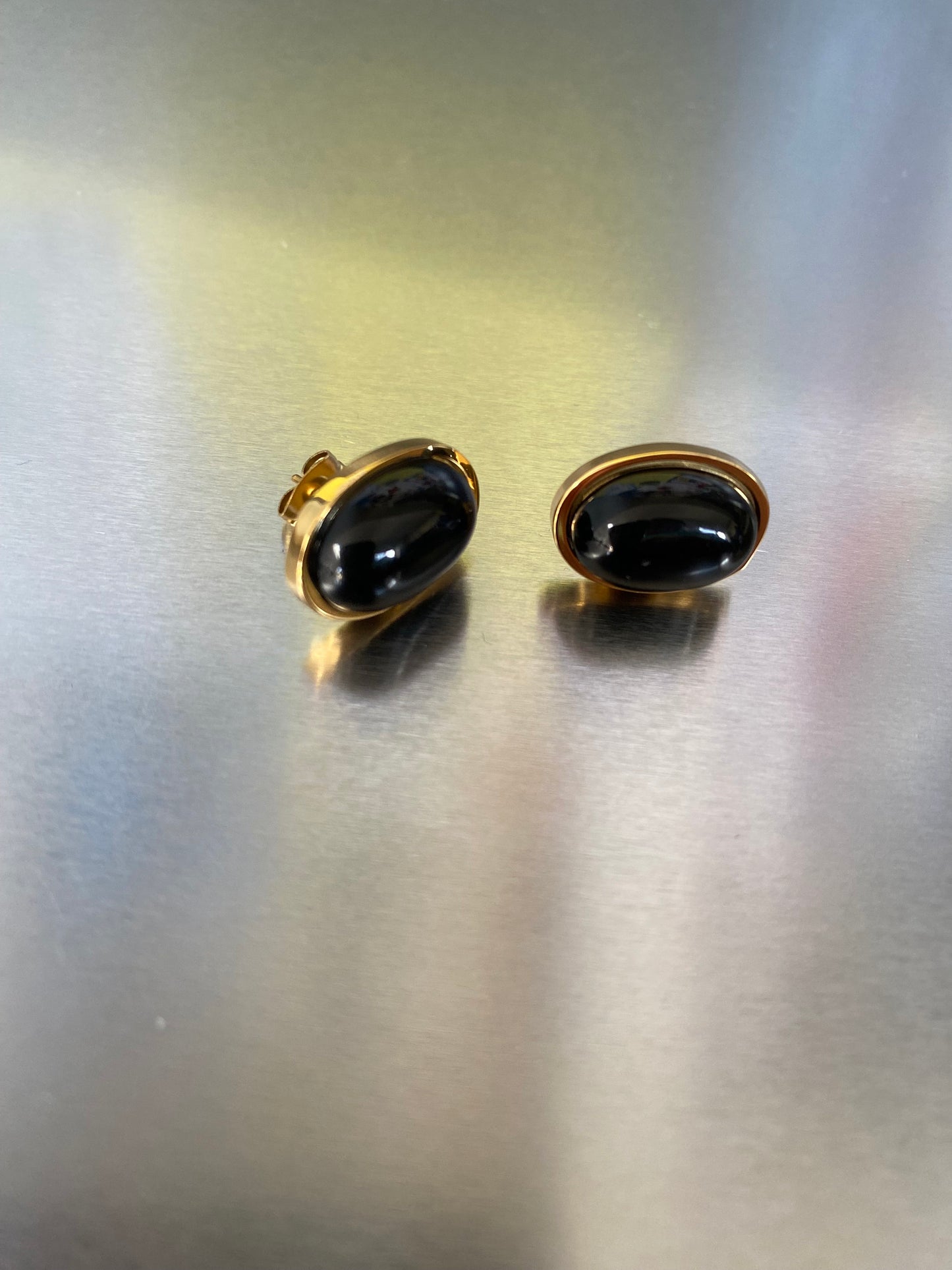 Oval Black Agate Stud Earrings, Ins Korean Style Black Agate Stud Earrings, Black Agate Popular Stone Earrings for Her, 18K Gold