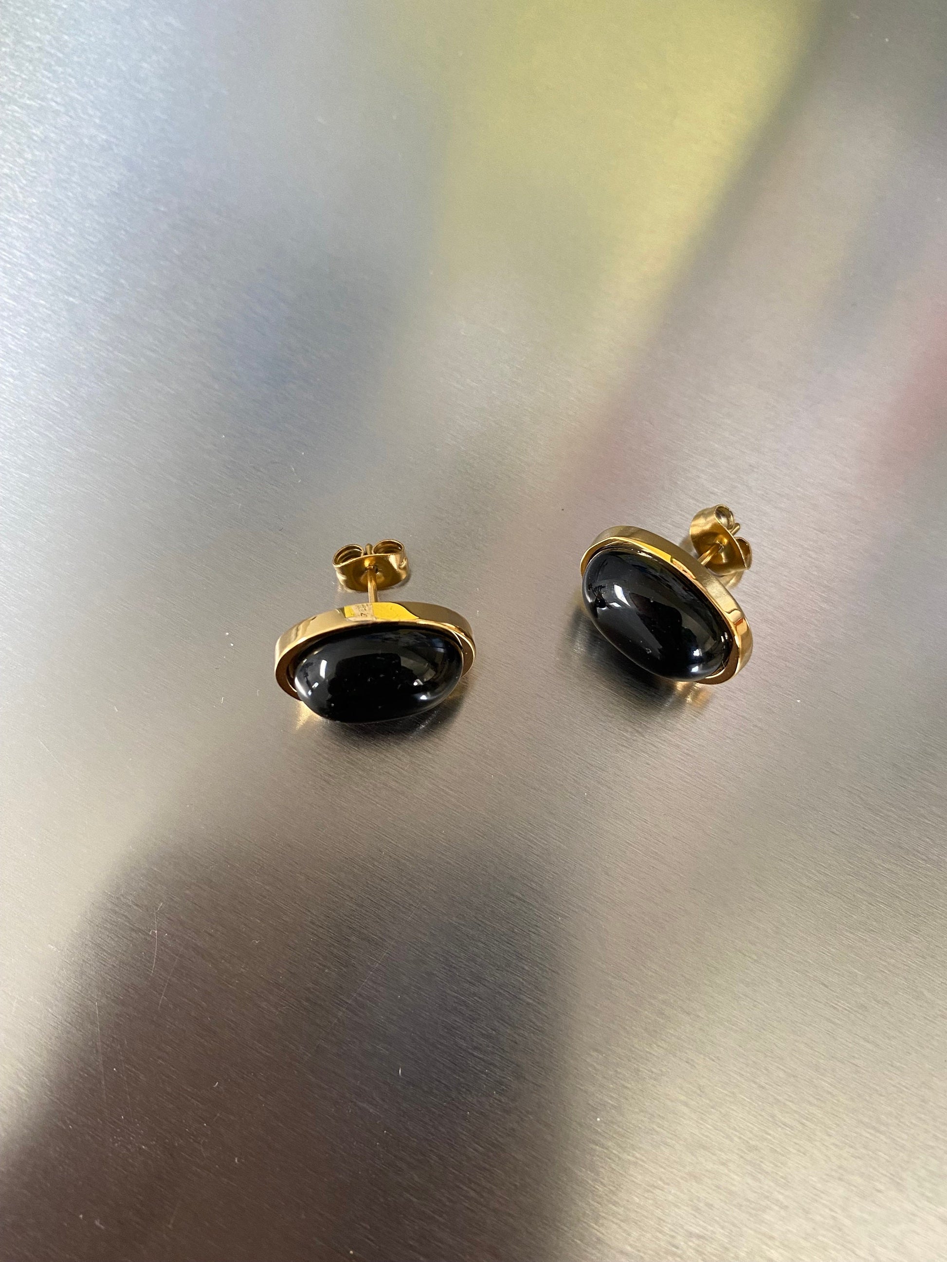 Oval Black Agate Stud Earrings, Ins Korean Style Black Agate Stud Earrings, Black Agate Popular Stone Earrings for Her, 18K Gold