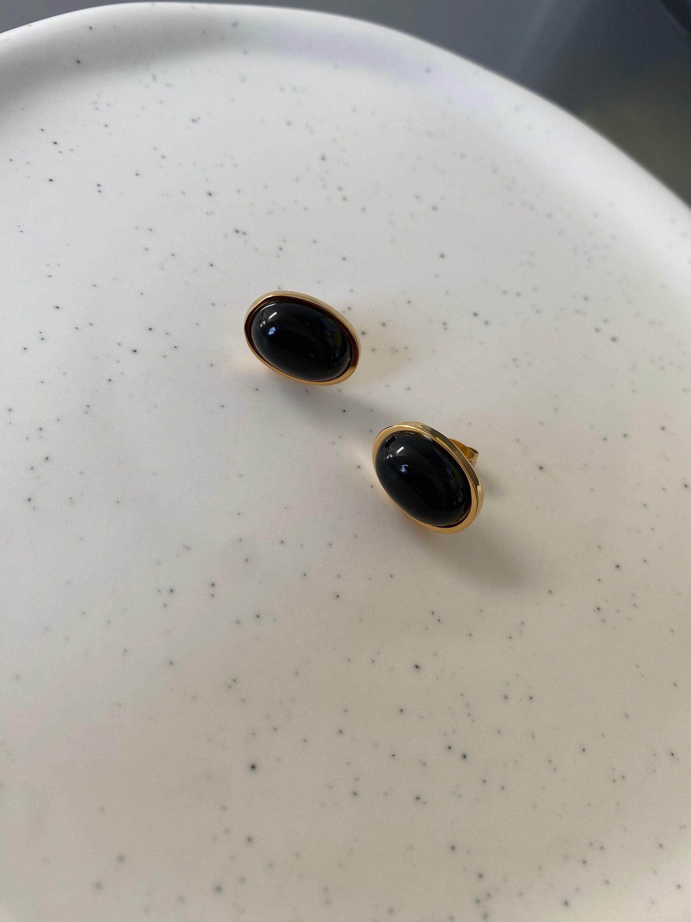 Oval Black Agate Stud Earring, Ins Korean Style Black Agate Stud Earring, Black Agate Popular Stone Earring for Her, Perfect for Summer