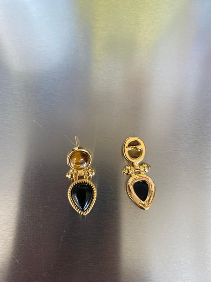 18K Gold Tiger Eye Teardrop Resin Stud Earrings, Gold Chunky Screw Teardrop Resin Earrings for Her, Chunky Black Teardrop Resin Earrings