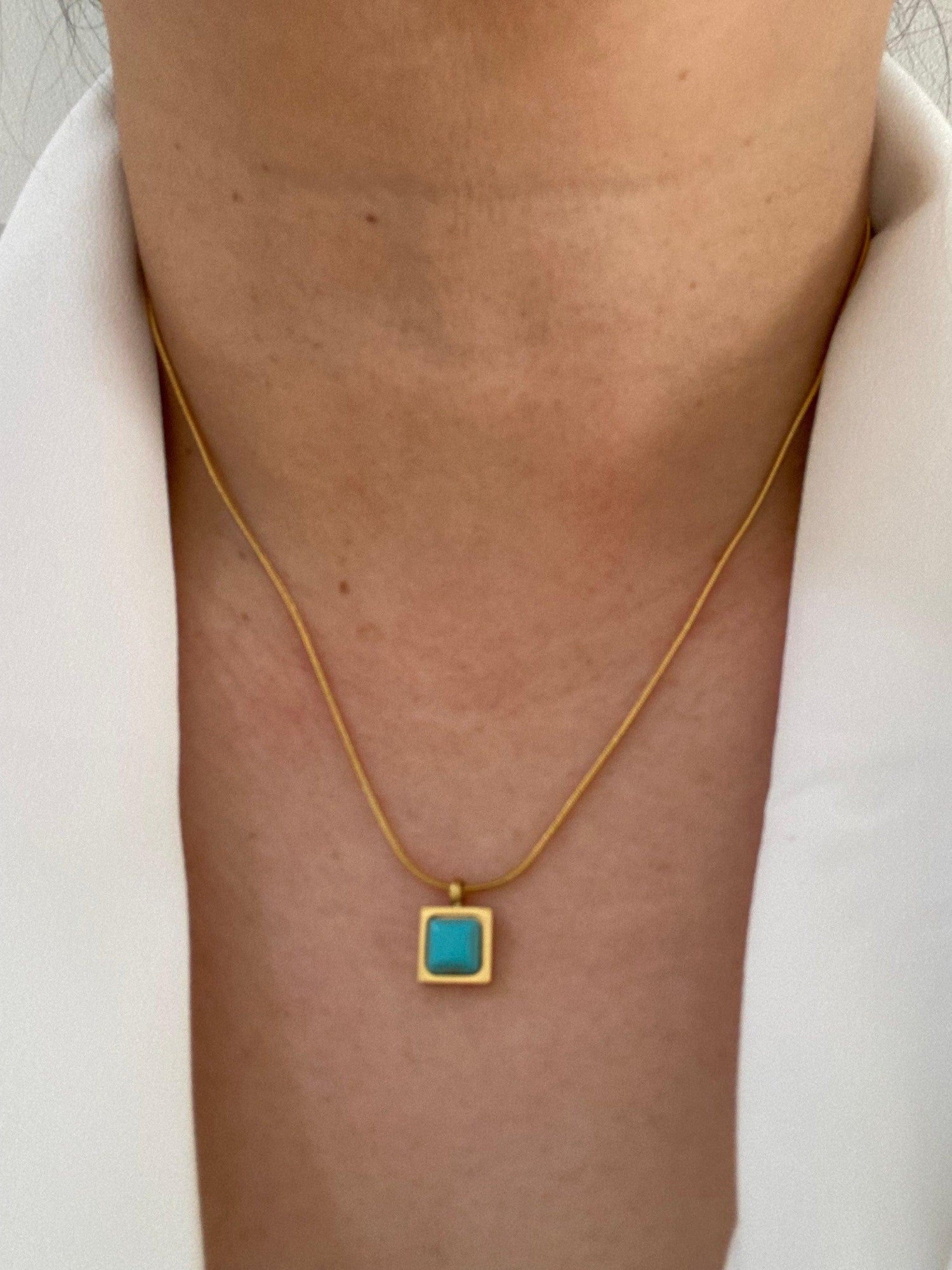 Turquoise Stone Necklace, Tiny Square Turquoise Pendant Necklace, Cute Blue Turquoise Choker Necklace. 18k Gold Classic Silhouette