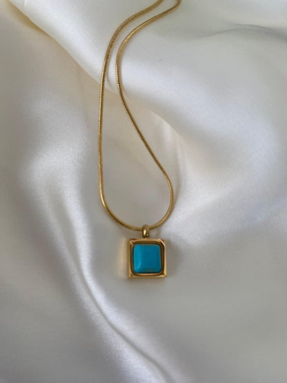 Turquoise Stone Necklace, Tiny Square Turquoise Pendant Necklace, Cute Blue Turquoise Choker Necklace. 18k Gold Classic Silhouette