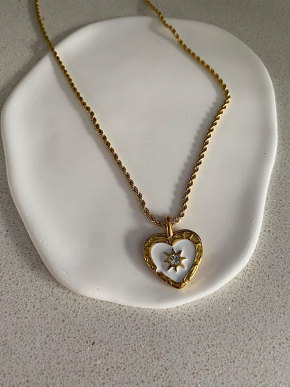 Elegant Gold Heart Necklace with Zircon Stone Charm for Her, Hammered Choker Pendant