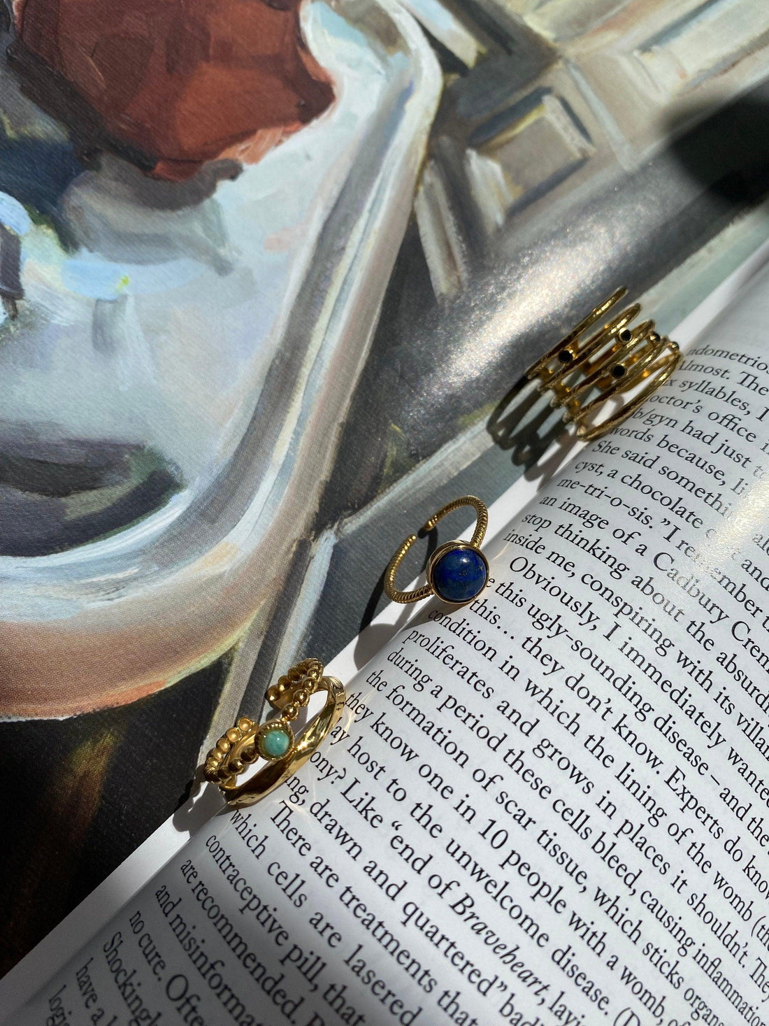 Blue Lapis Lazuli Ring, Double Layered Turquoise Ring, Multiple Layered Black Zircon Ring. Adjustable Semi Precious Stone Ring Lucky Stone