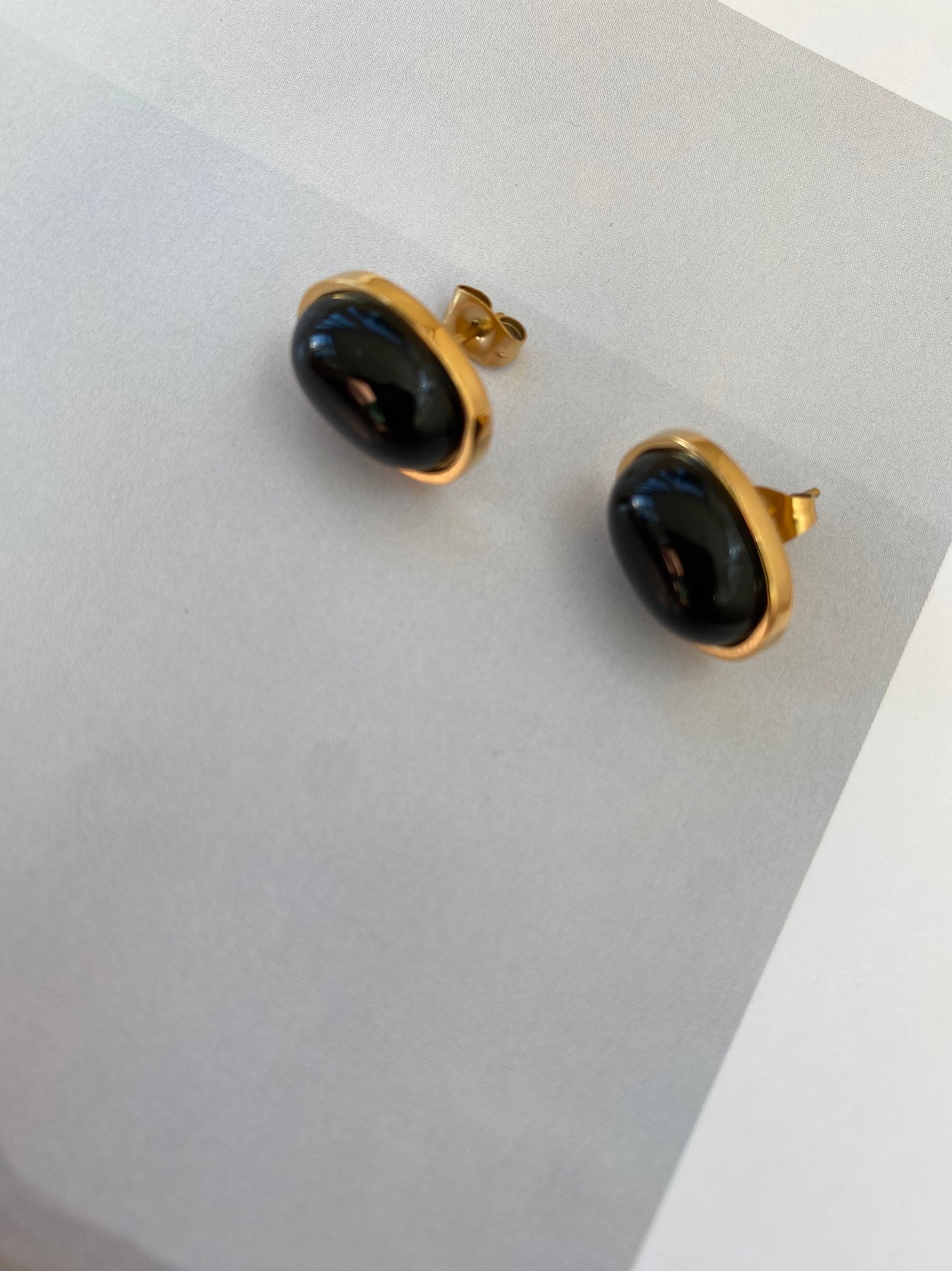 Oval Black Agate Stud Earrings, Ins Korean Style Black Agate Stud Earrings, Black Agate Popular Stone Earrings for Her, 18K Gold