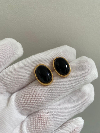 Oval Black Agate Stud Earrings, Ins Korean Style Black Agate Stud Earrings, Black Agate Popular Stone Earrings for Her, 18K Gold