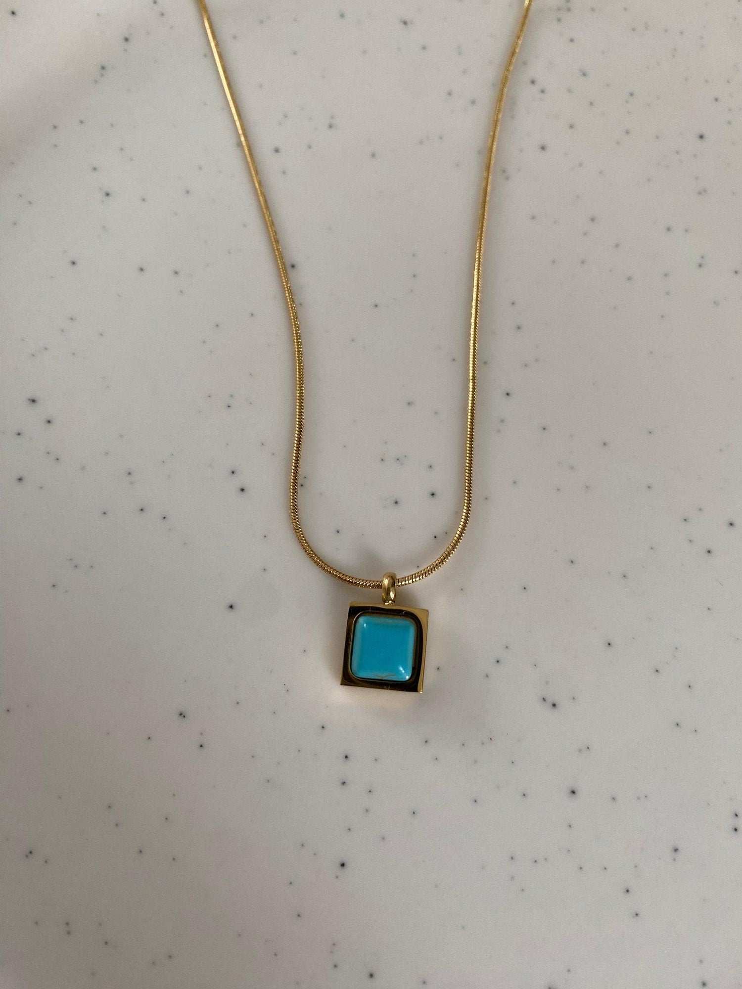 Turquoise Stone Necklace, Tiny Square Turquoise Pendant Necklace, Cute Blue Turquoise Choker Necklace. 18k Gold Classic Silhouette