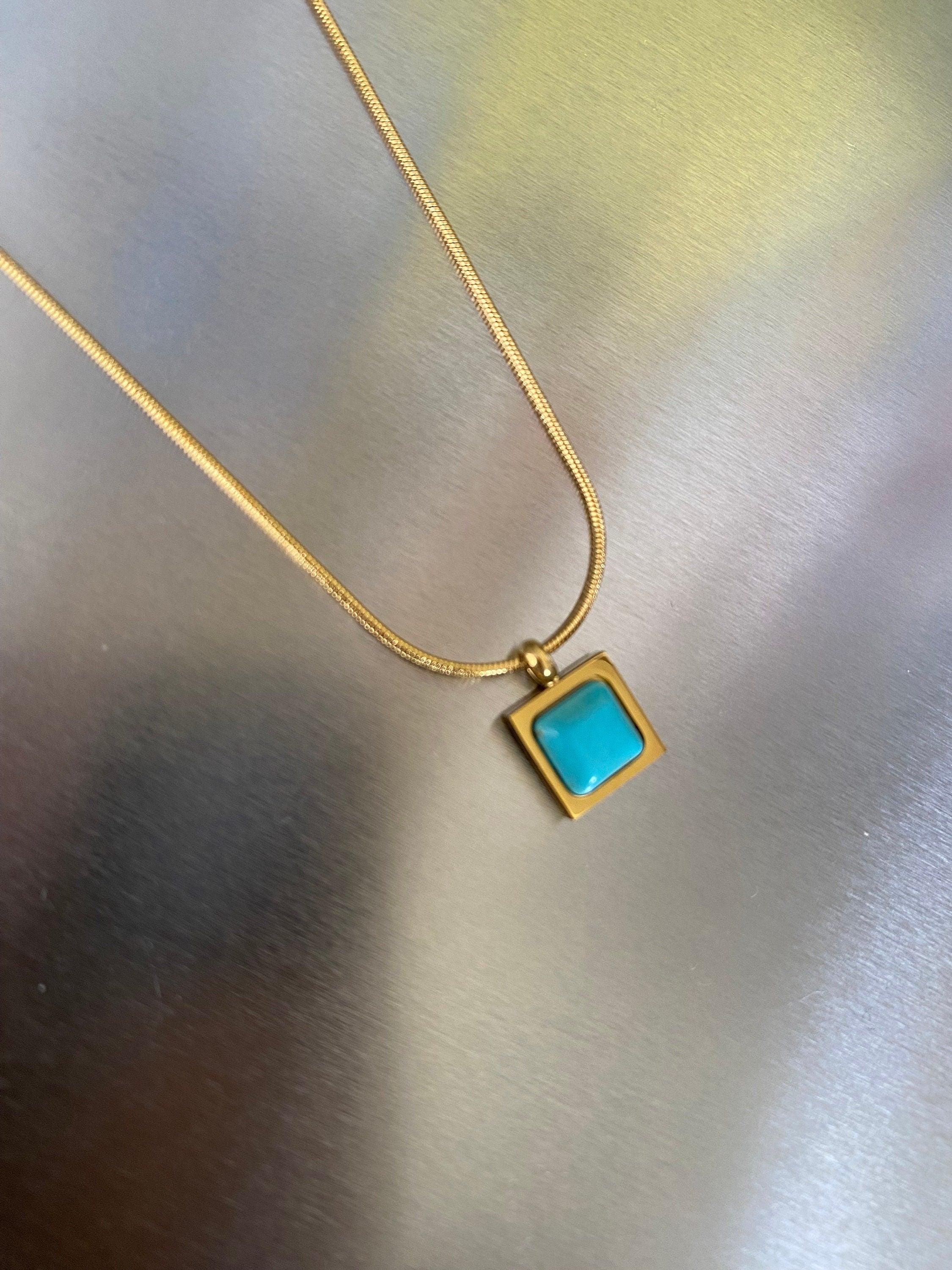 Turquoise Stone Necklace, Tiny Square Turquoise Pendant Necklace, Cute Blue Turquoise Choker Necklace. 18k Gold Classic Silhouette