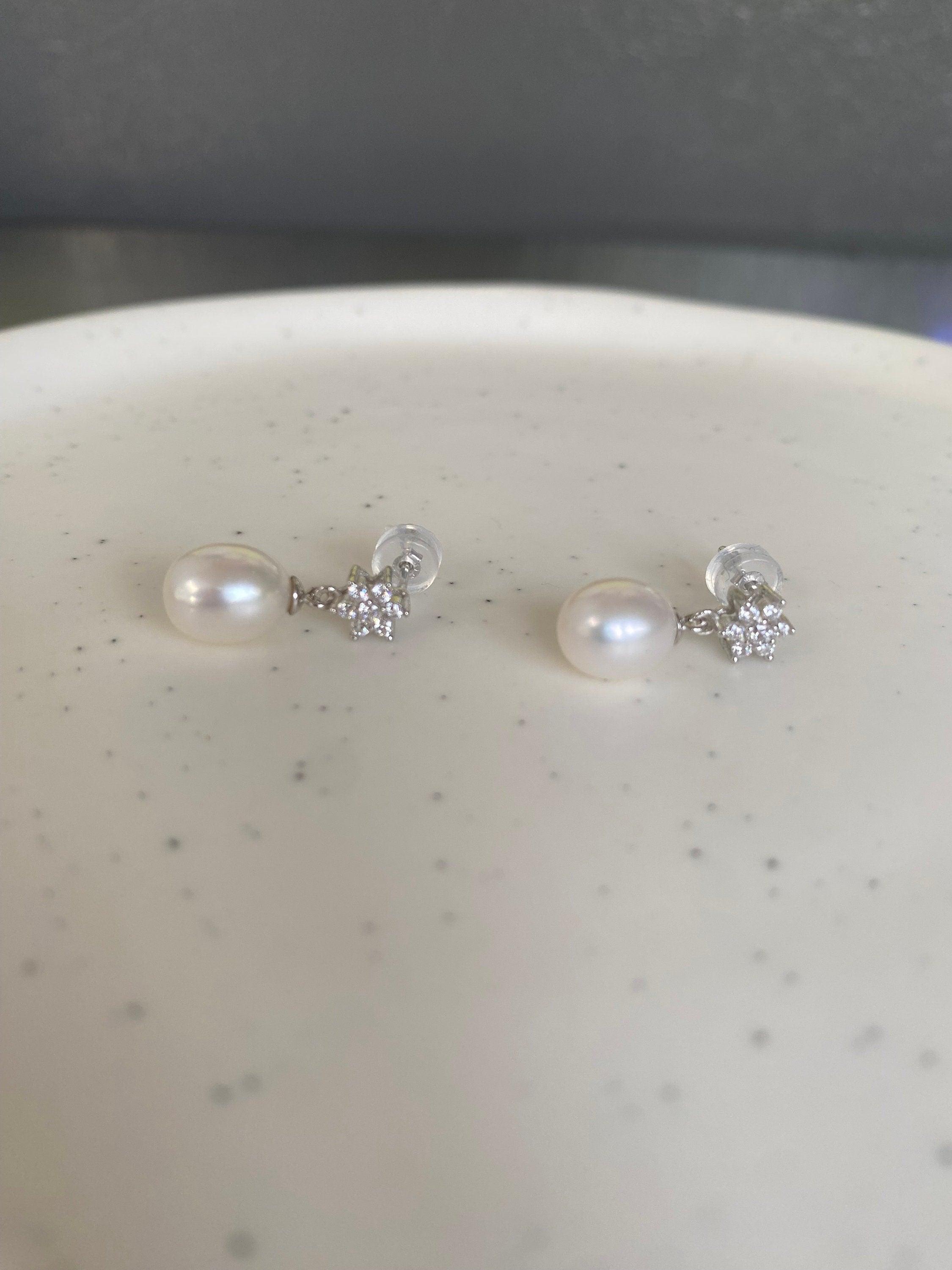 Snowflake Charm Freshwater Earrings, High Quality Pearl Zircon Crystal Earring, Sparkling Snowflake Pearl Hoop Earrings, 925 Sterling Silver