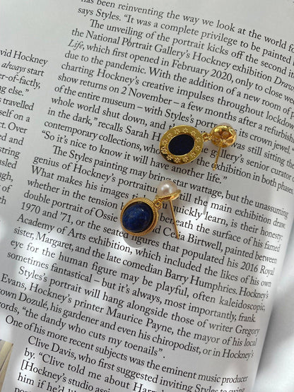 18K Gold Blue Lapis Lazuli and White Shell Pearl Drop Earrings, Handmade Precious Gemstone Jewellery for Women