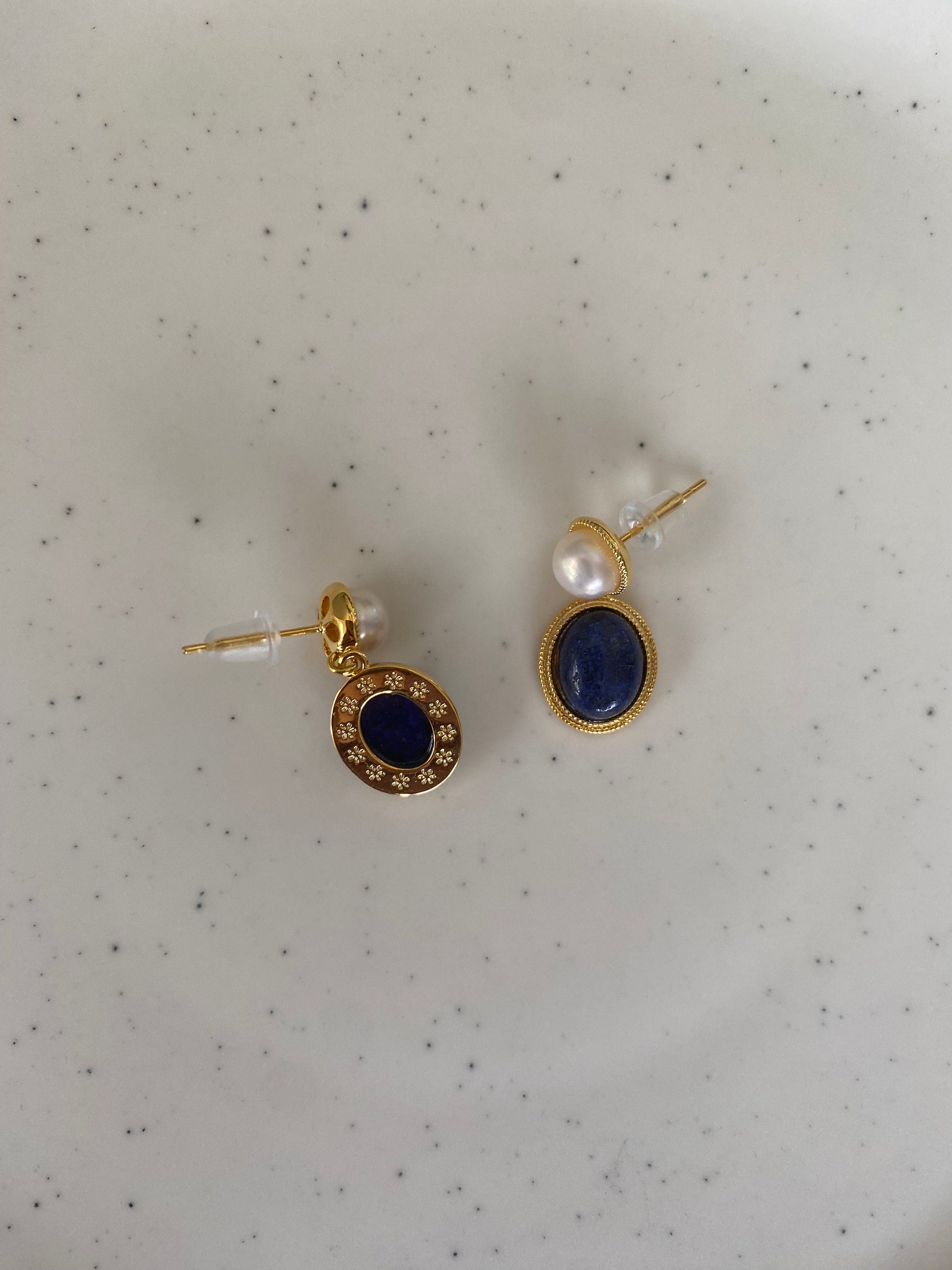 18K Gold Blue Lapis Lazuli and White Shell Pearl Drop Earrings, Handmade Precious Gemstone Jewellery for Women