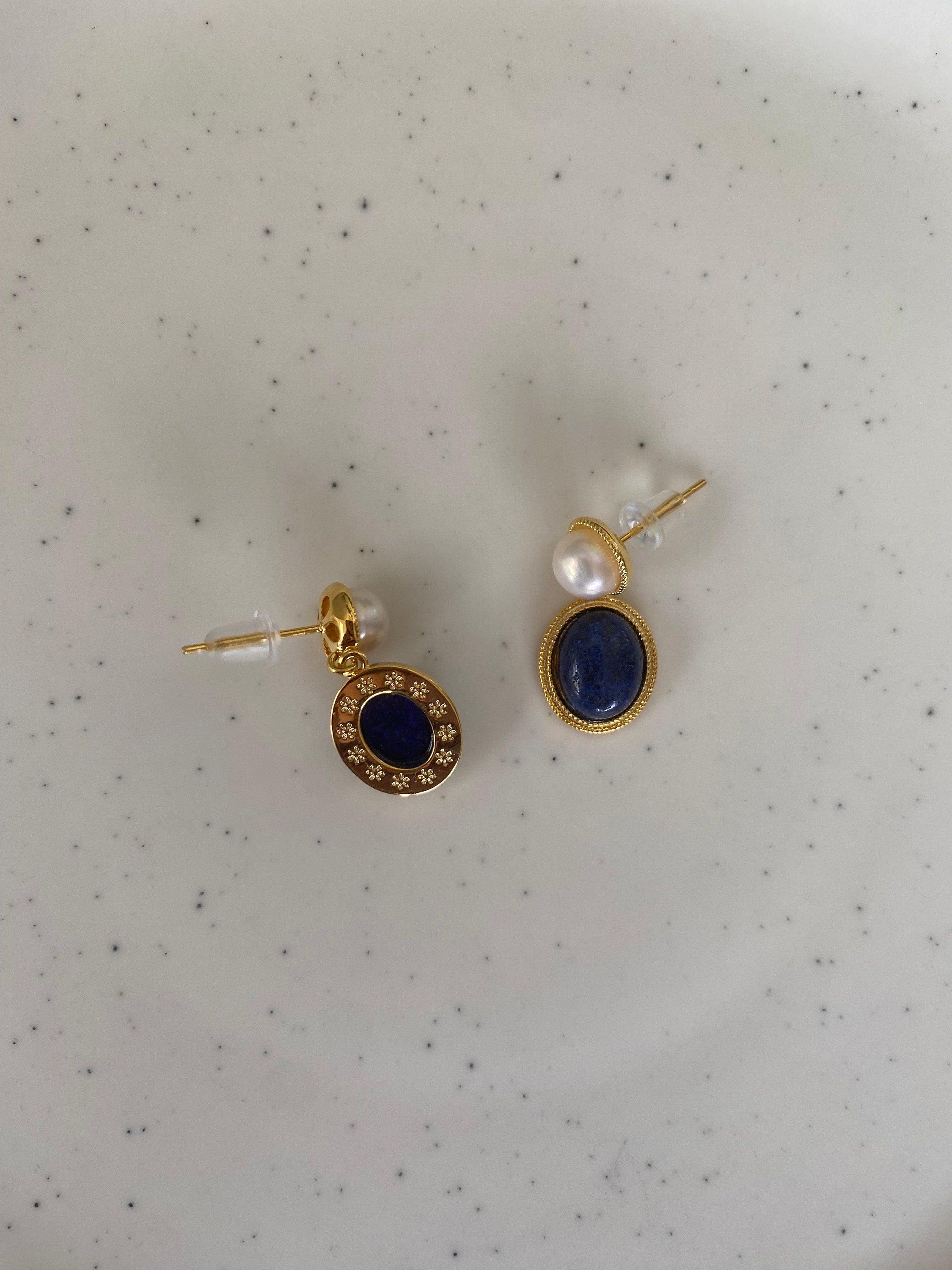 18K Gold Blue Lapis Lazuli and White Shell Pearl Drop Earrings, Handmade Precious Gemstone Jewellery for Women