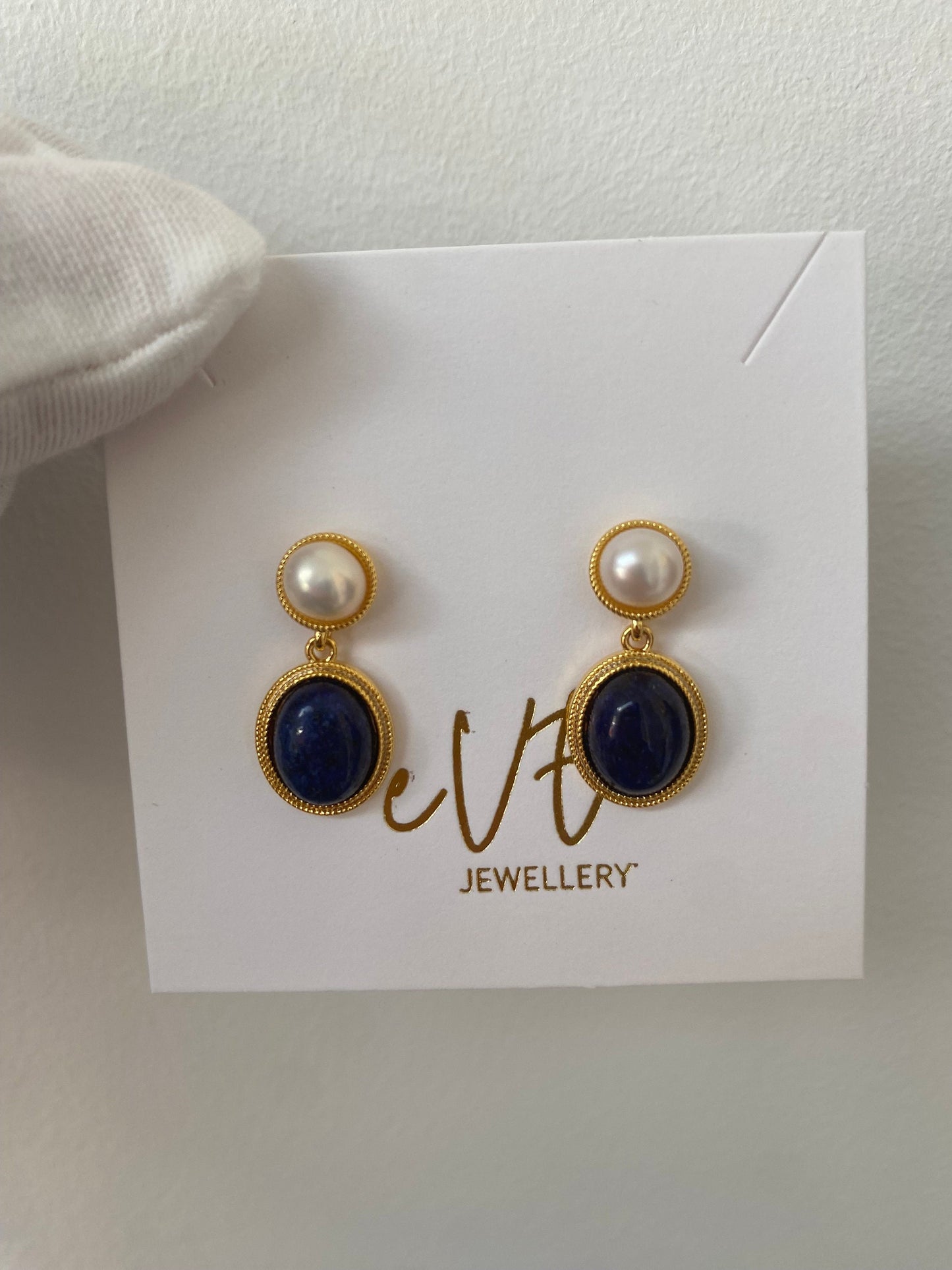 18K Gold Blue Lapis Lazuli and White Shell Pearl Drop Earrings, Handmade Precious Gemstone Jewellery for Women