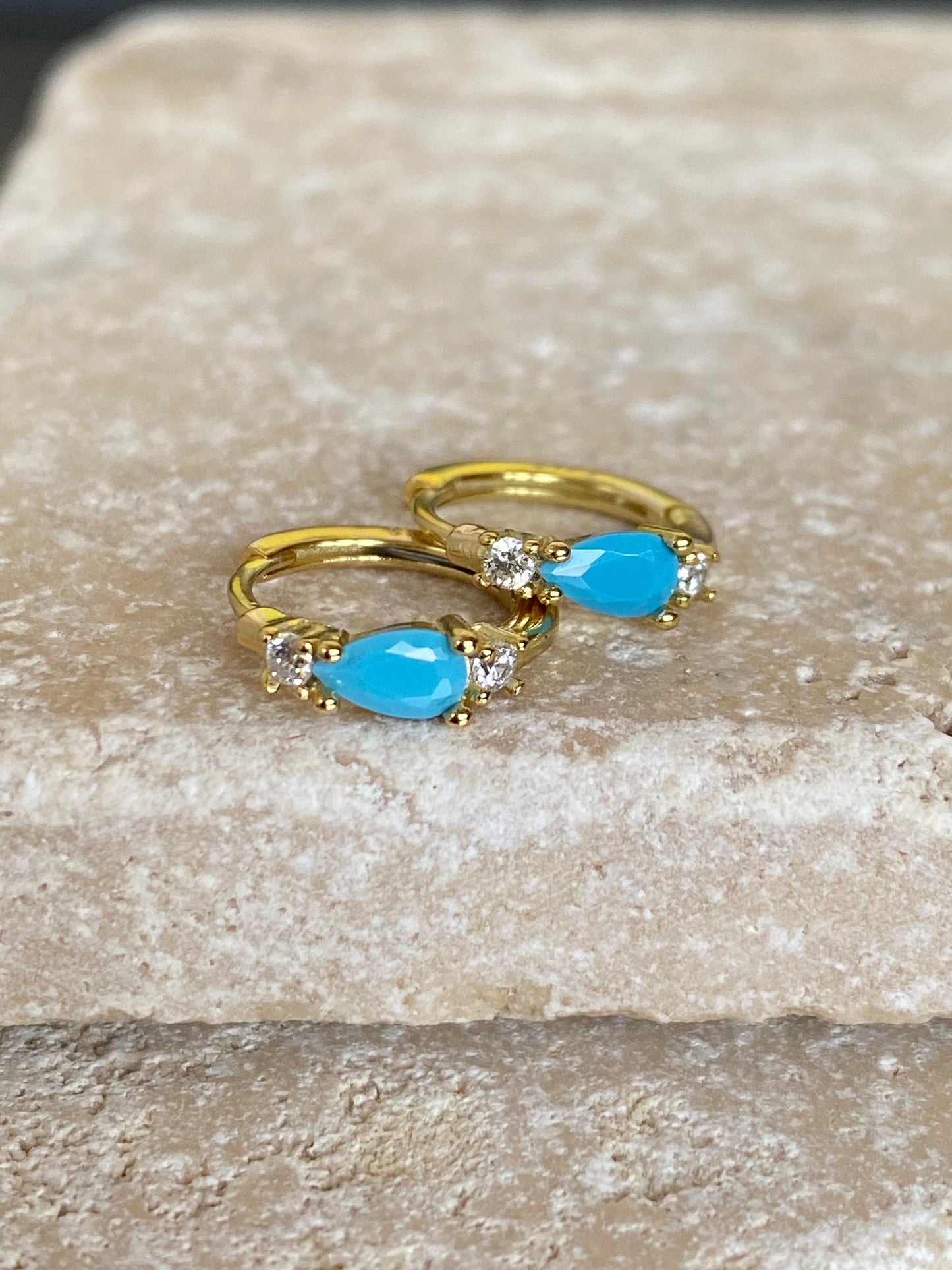 Cute Turquoise Teardrop Zircon Earrings, Bright Zircon Turquoise Mini Huggie Earrings, S925 Sterling Silver Everyday Hoop , Gold or Silver